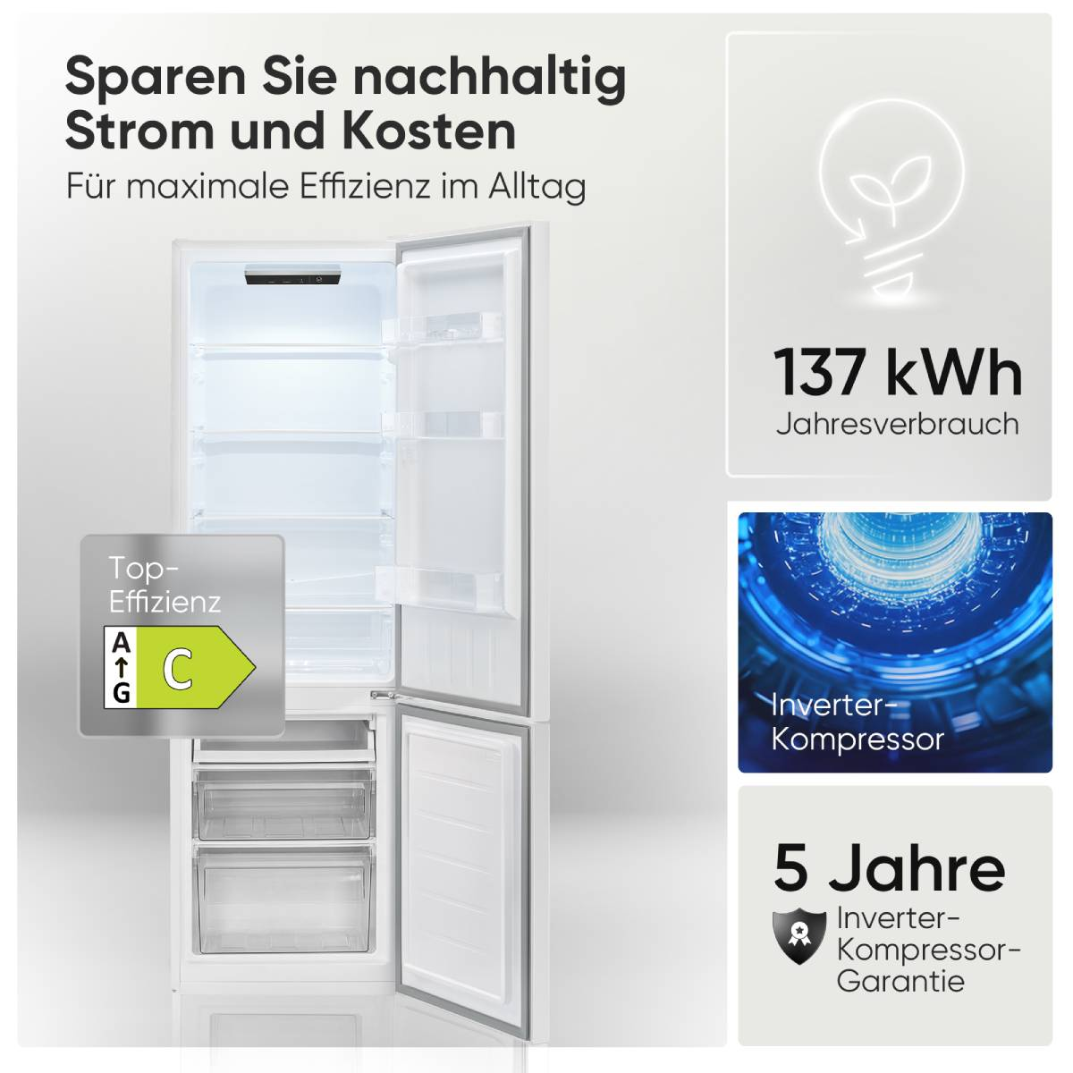 Ein weißer Kühlschrank mit offener Tür, Energieeffizienz C, 137 kWh/Jahr, Inverter-Kompressor.