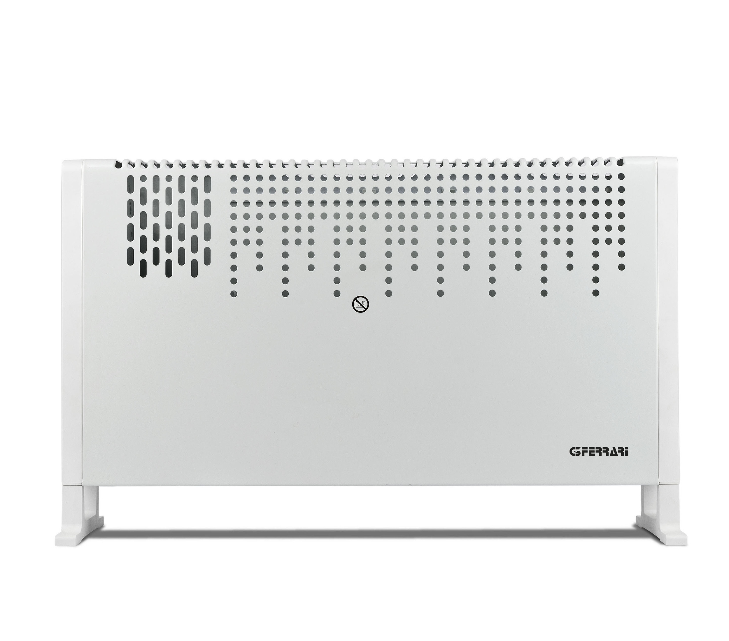 Un radiatore elettrico bianco con fessure di ventilazione e logo GFERRARI.