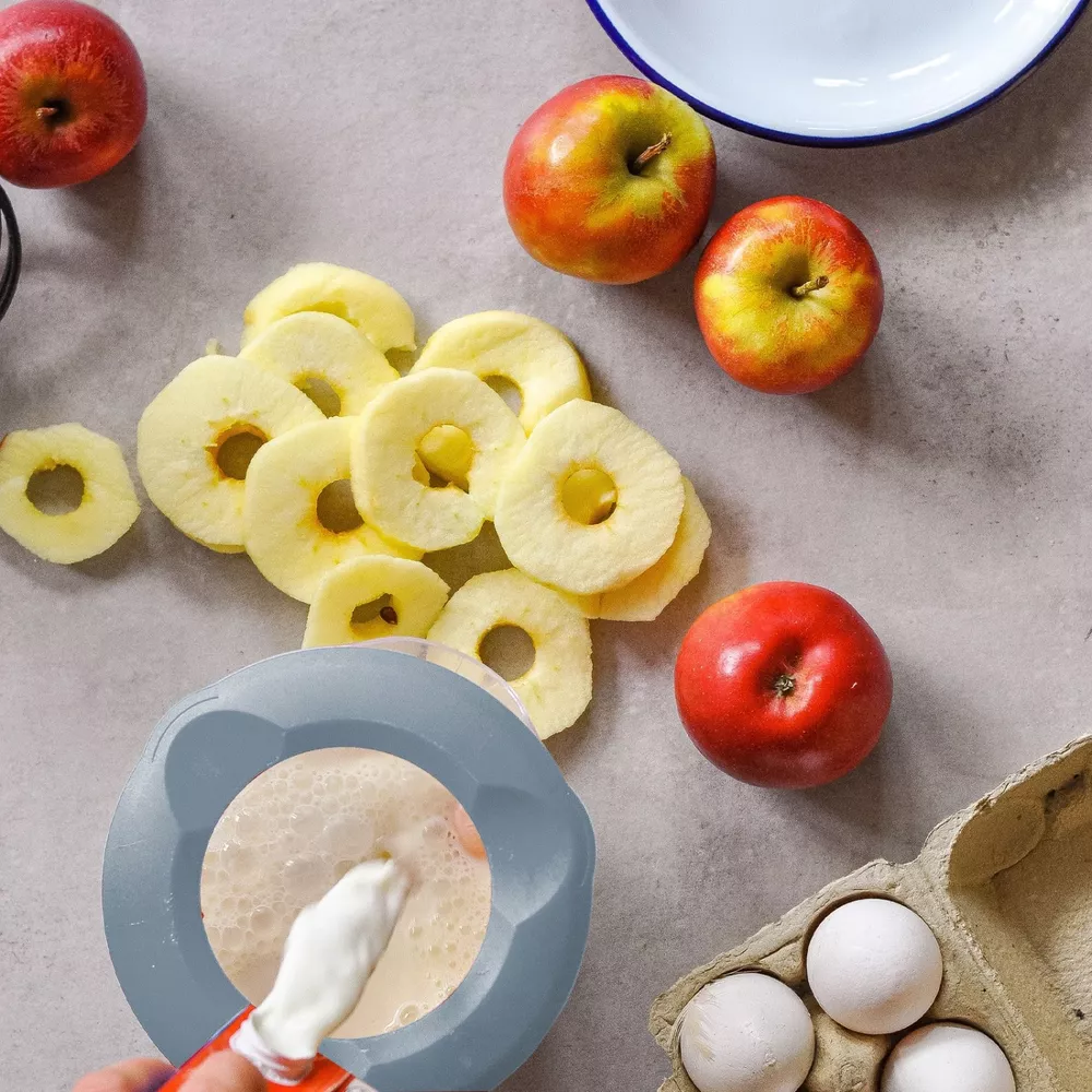 Äpfel, geschnittene Apfelringe, Eier in einem Karton und ein Mixer mit Schaum.