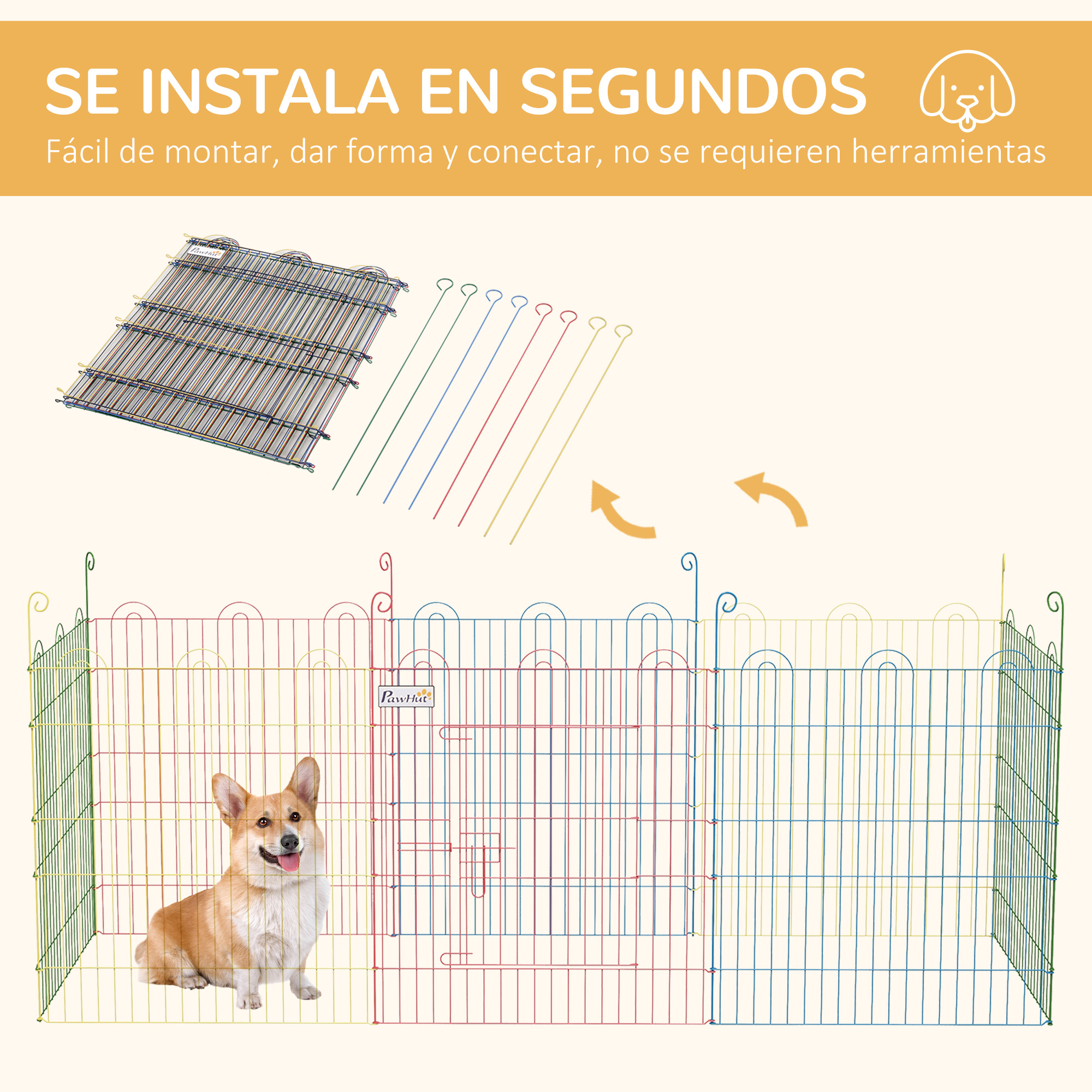 Un Corgi se sienta dentro de un corralito de metal modular y colorido.