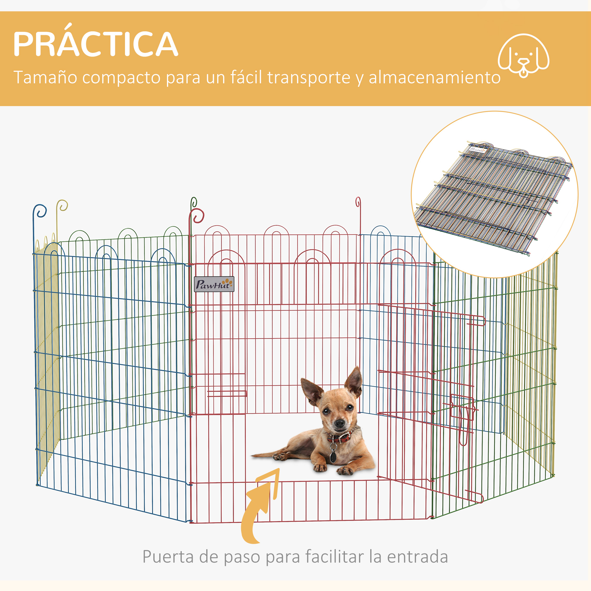 Un perro pequeño yace en un parque de juegos de alambre de colores.