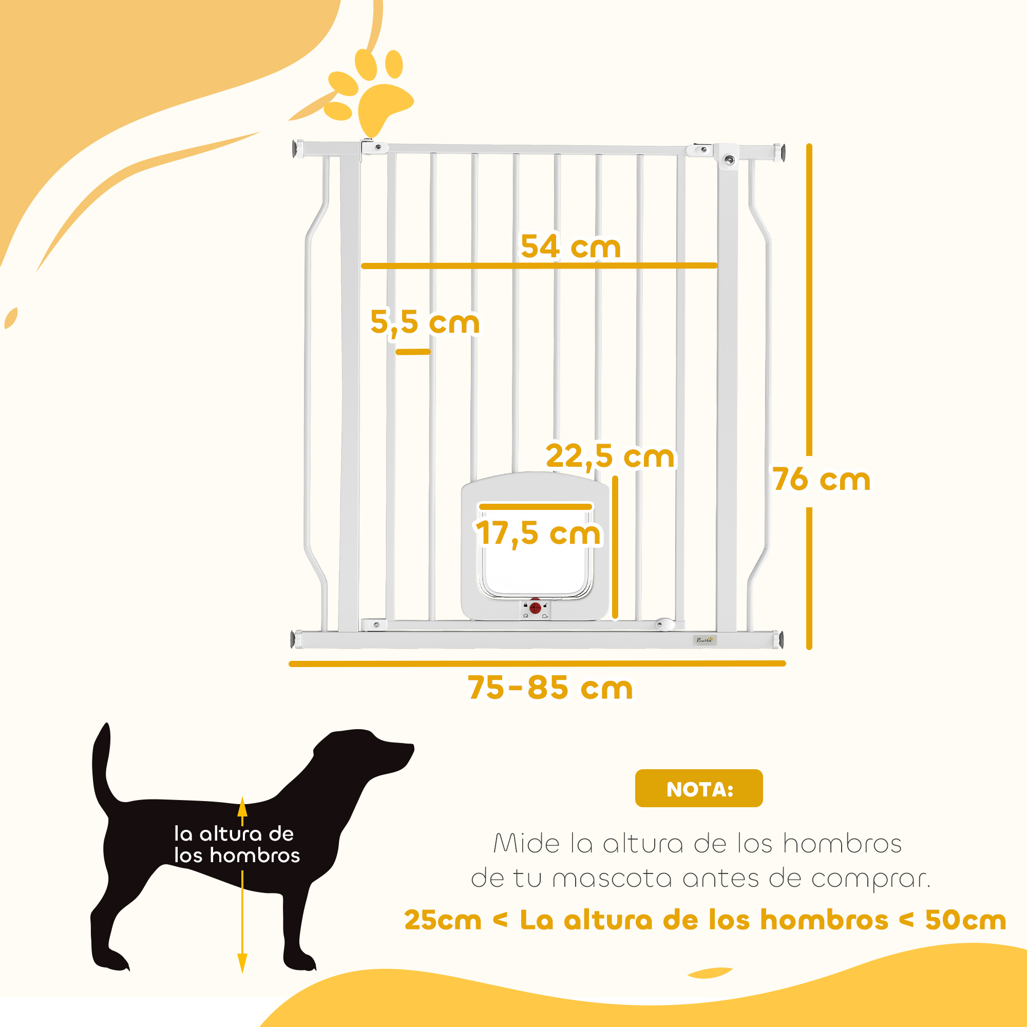 Una puerta blanca para perros con medidas y silueta de perro.
