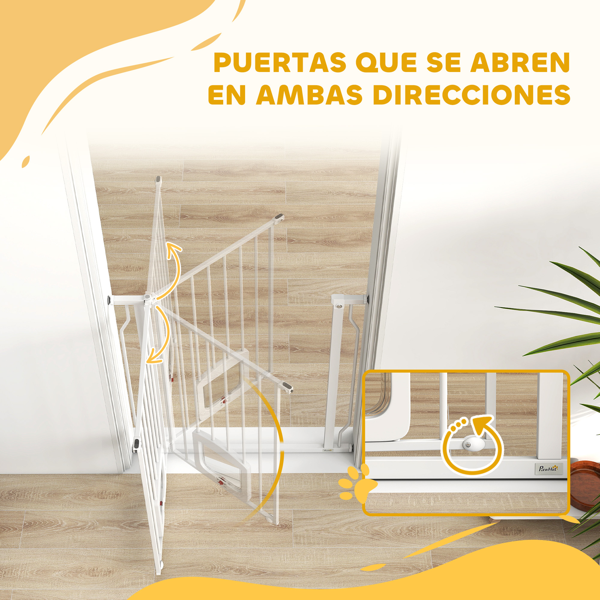 Una barrera blanca para escaleras se abre en ambas direcciones, con flechas que muestran movimiento.