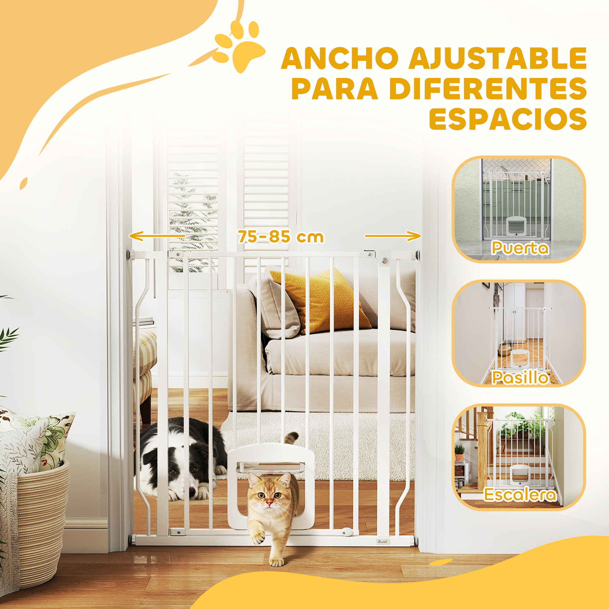 Una puerta para mascotas blanca con perro y gato, ancho 75-85 cm.