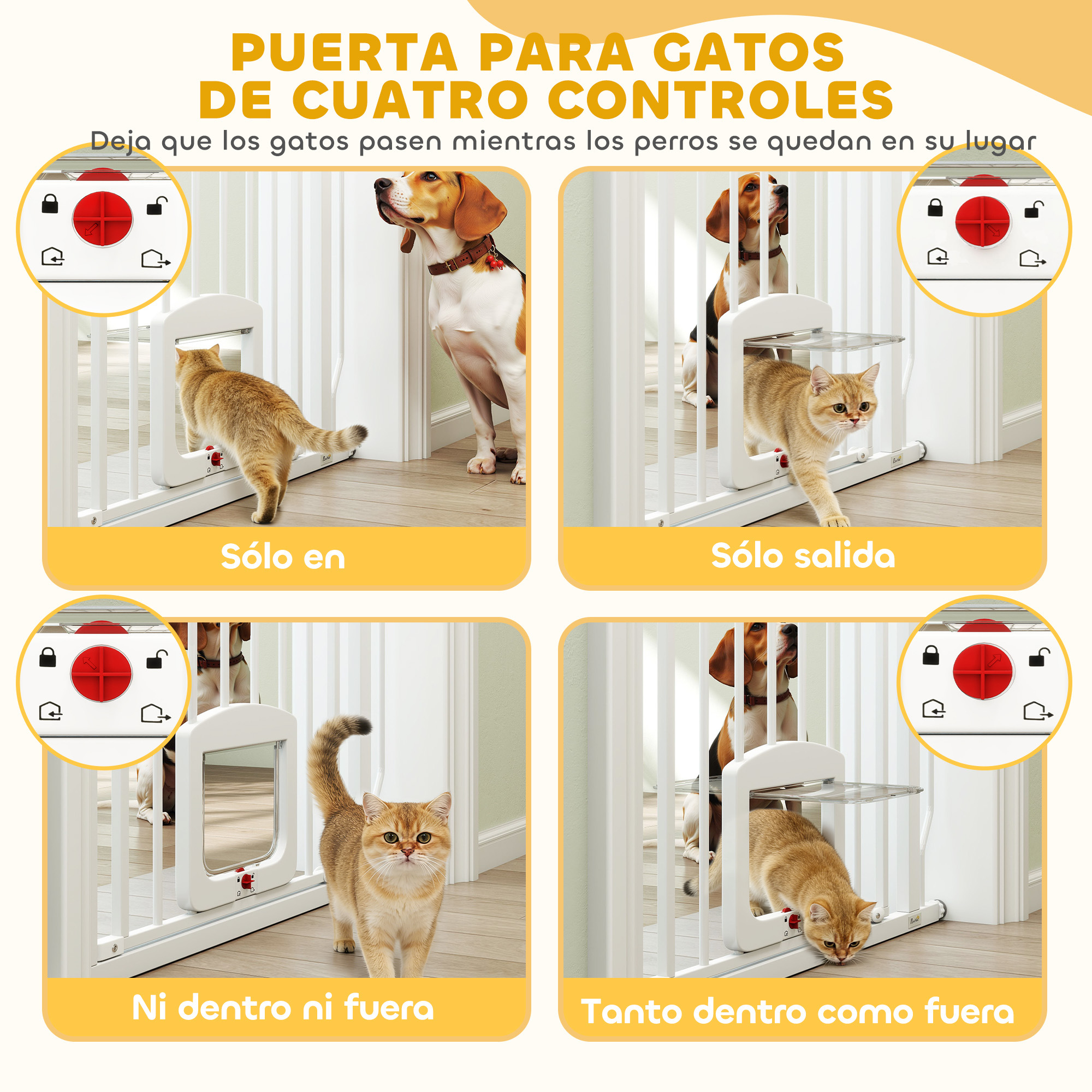 Gato por puerta para mascotas, perro al fondo. Cuatro modos.