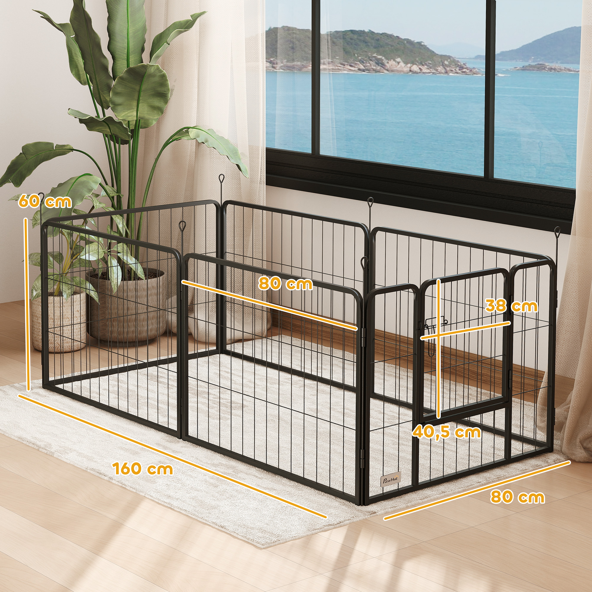 Un parque para perros negro con dimensiones está sobre una alfombra frente a una ventana con vista al mar.