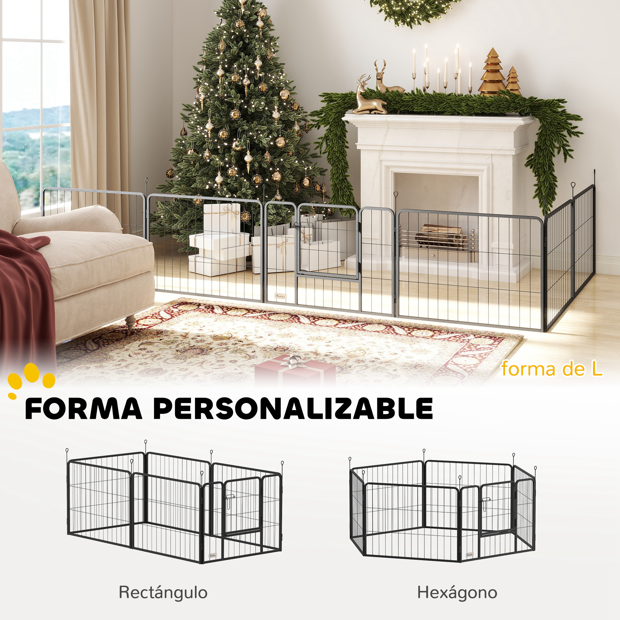 Un corral para perros frente a una chimenea con árbol de Navidad y regalos.