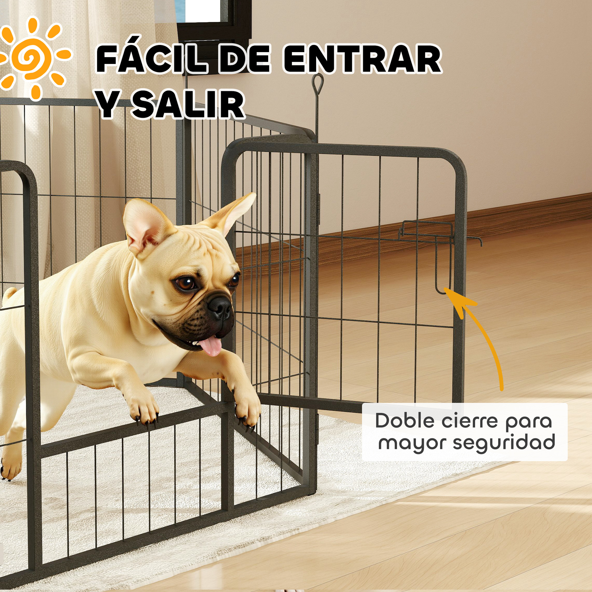 Un perro claro salta sobre una valla de metal oscura en una habitación con suelo de madera.