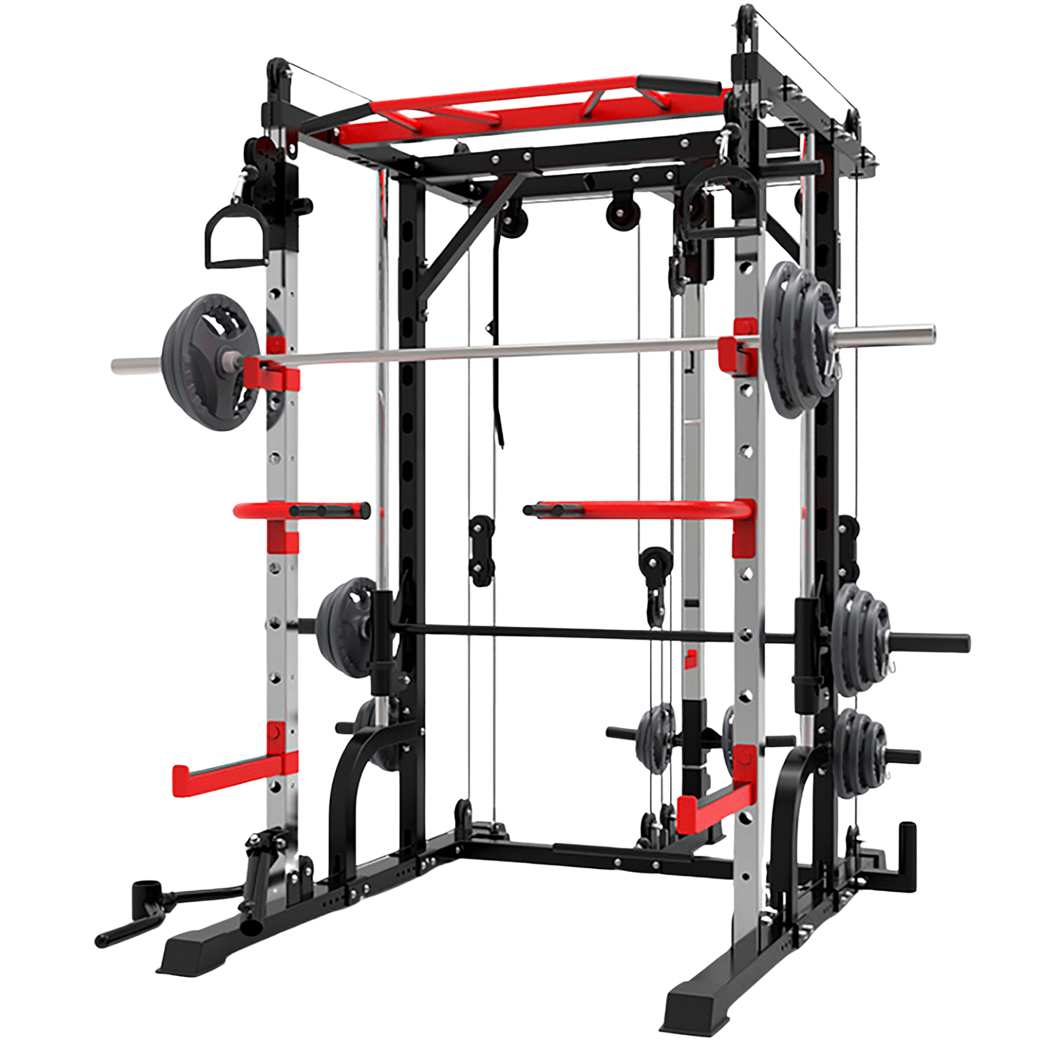 Eine schwarze und rote multifunktionale Hanteltrainingsmaschine mit Langhanteln und Gewichten.