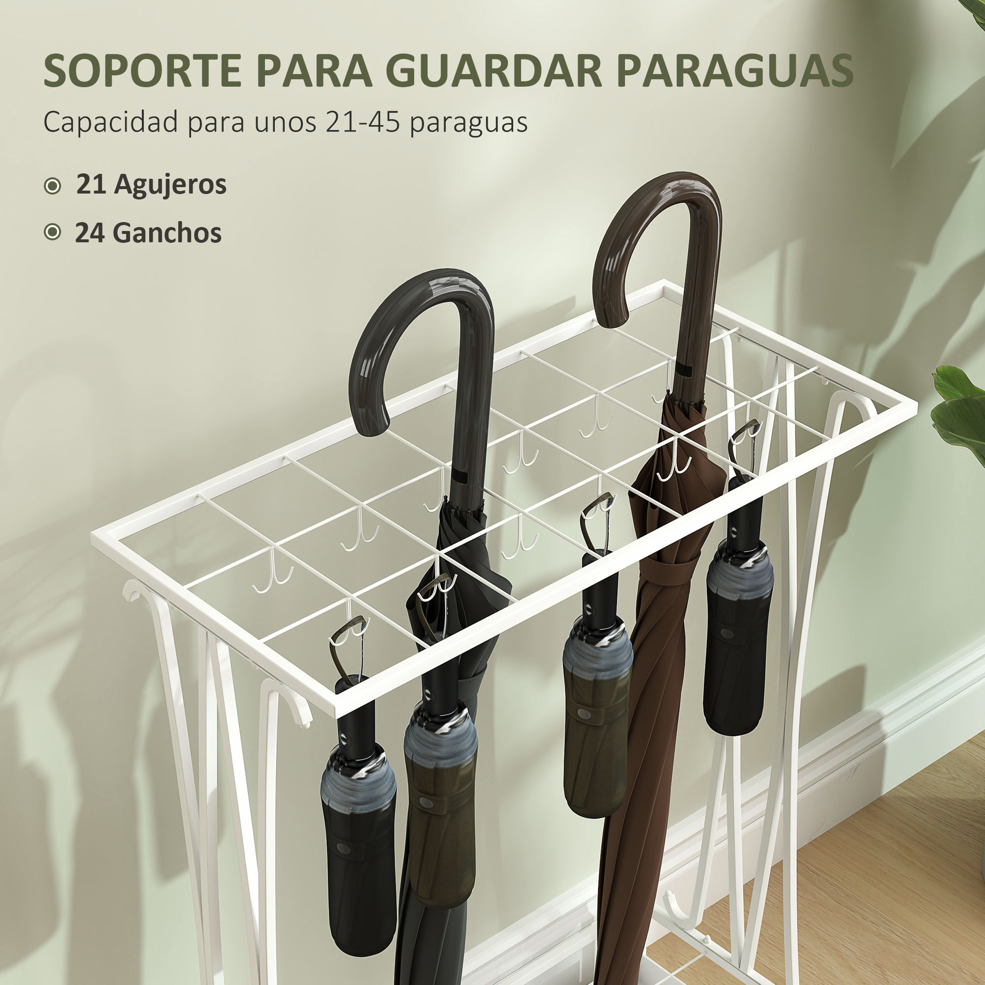 Un paraguas blanco que sostiene varios paraguas, con ganchos y agujeros.