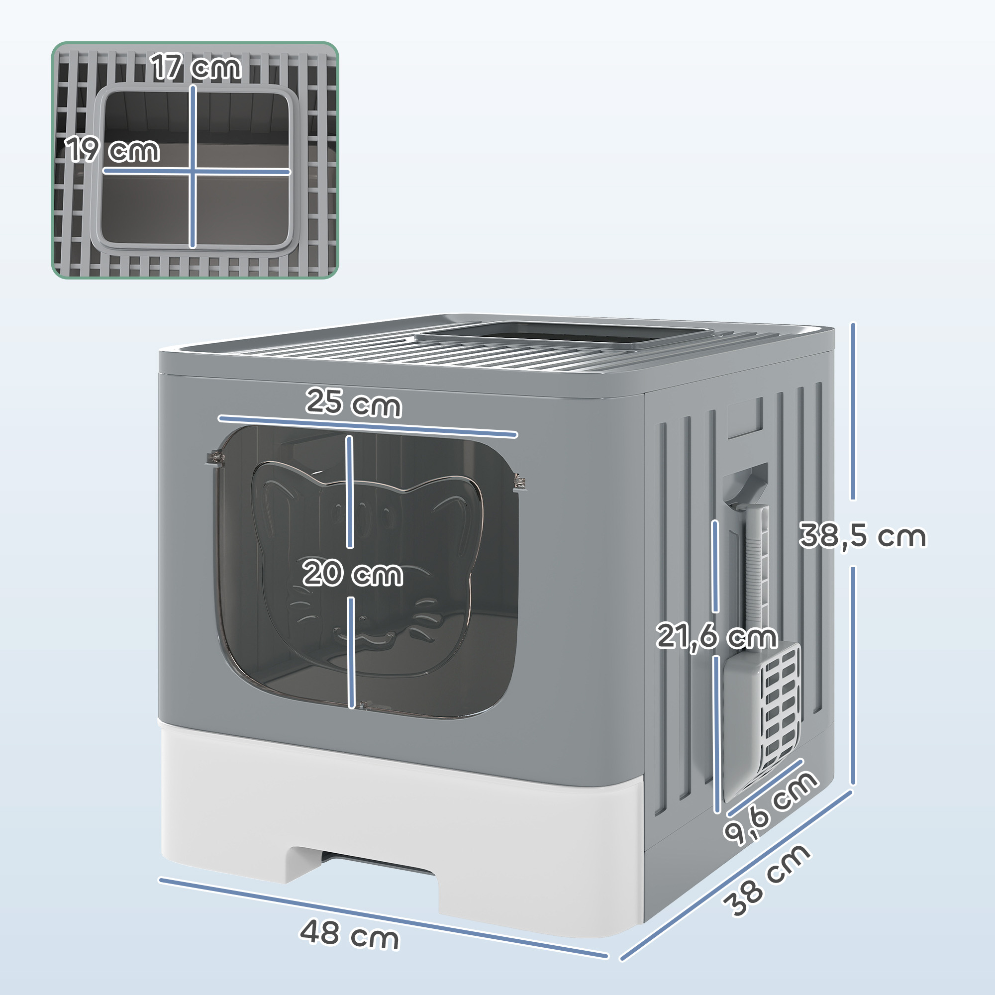 Caja de arena para gatos gris con dimensiones y puerta transparente.
