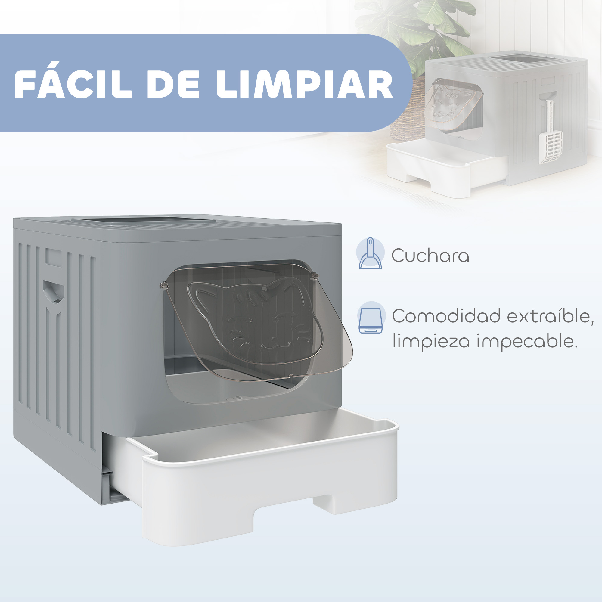 Caja de arena gris con cajón extraíble y pala.