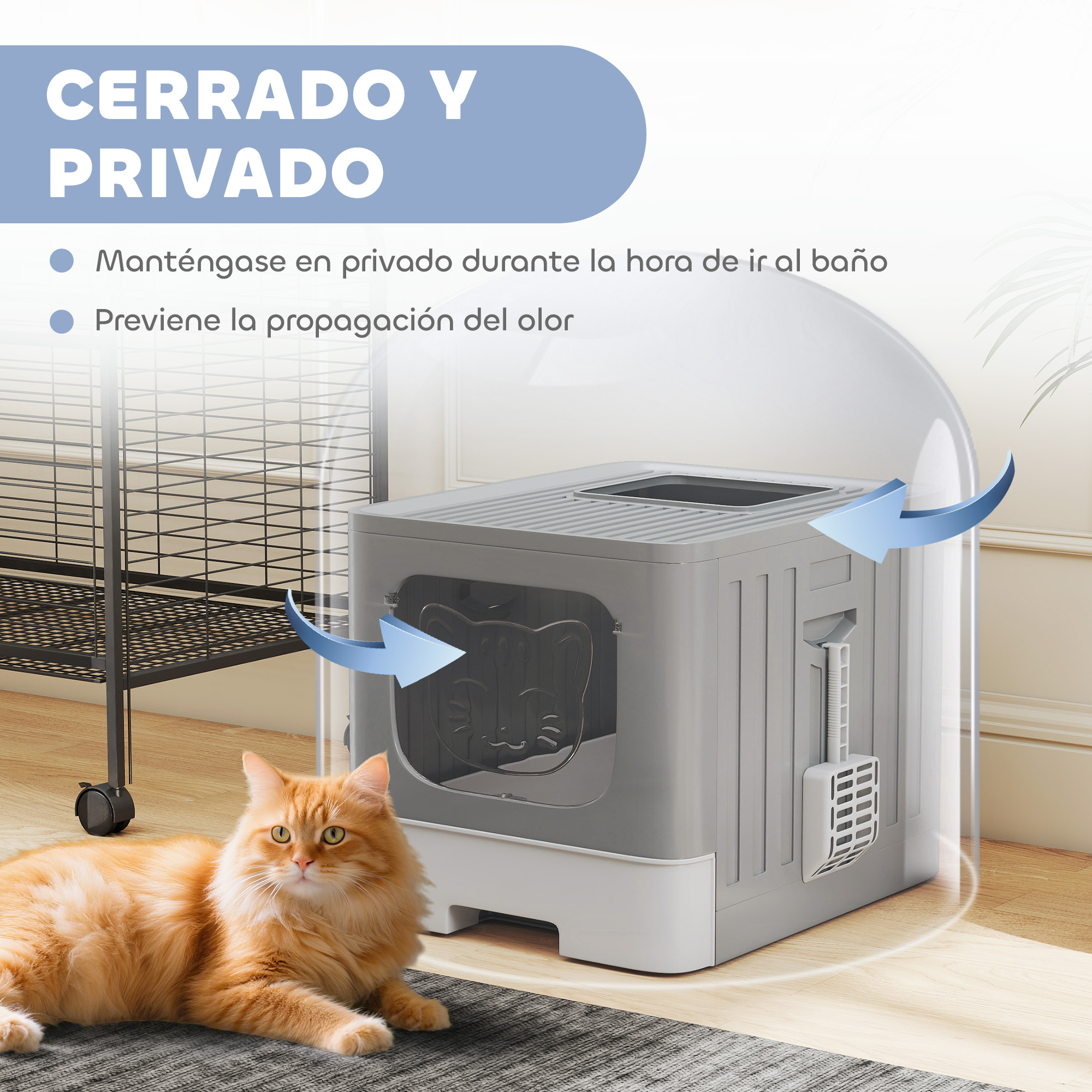 Un gato naranja yace cerca de una caja de arena gris con rejilla de ventilación.