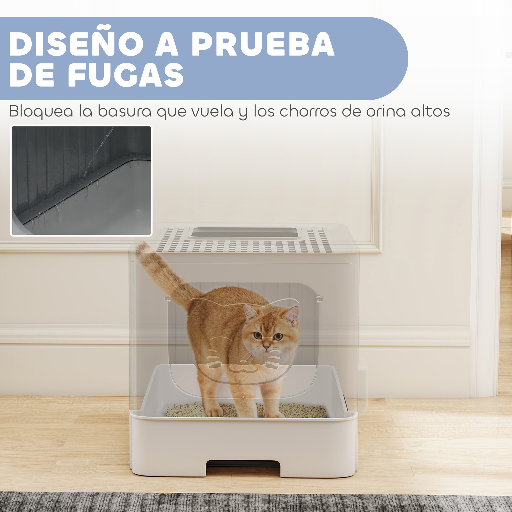 Un gato naranja está en una caja de arena blanca con gránulos.