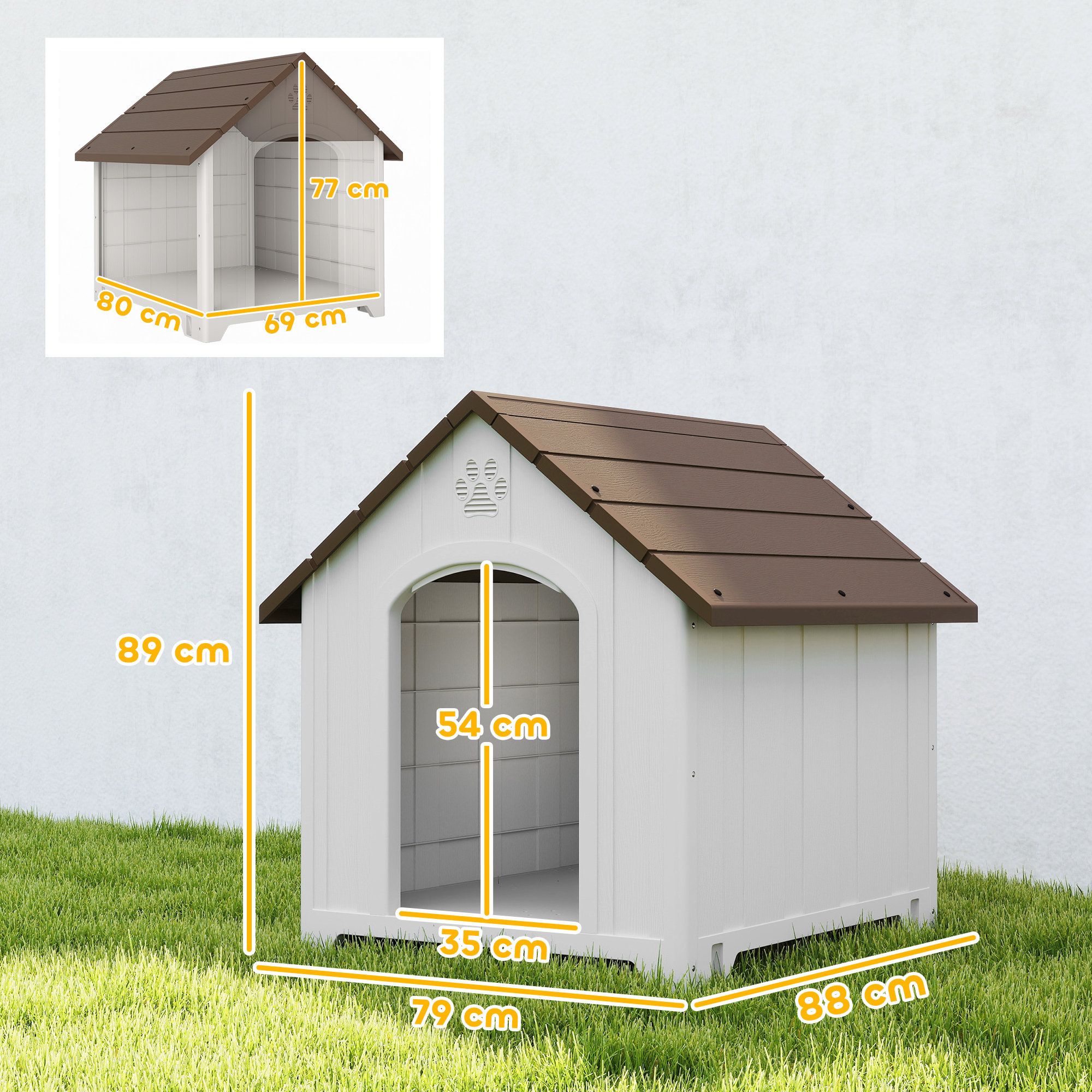 Casa para perro blanca con techo marrón sobre césped, con medidas.