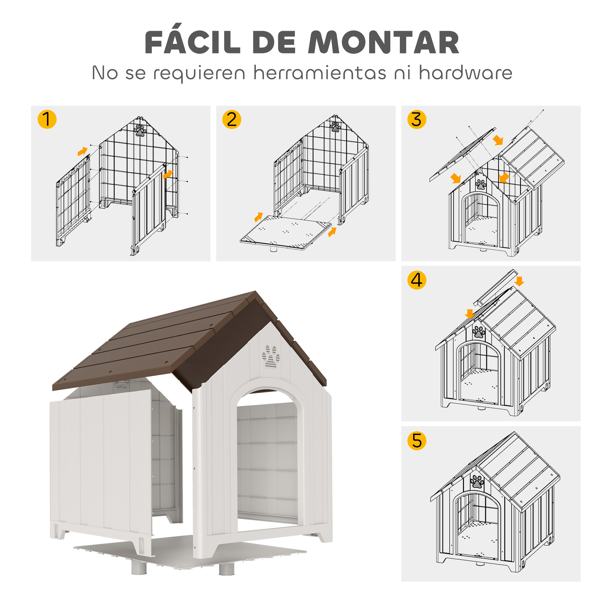 Instrucciones de montaje para una caseta de perro blanca con techo marrón. Pasos 1-5.
