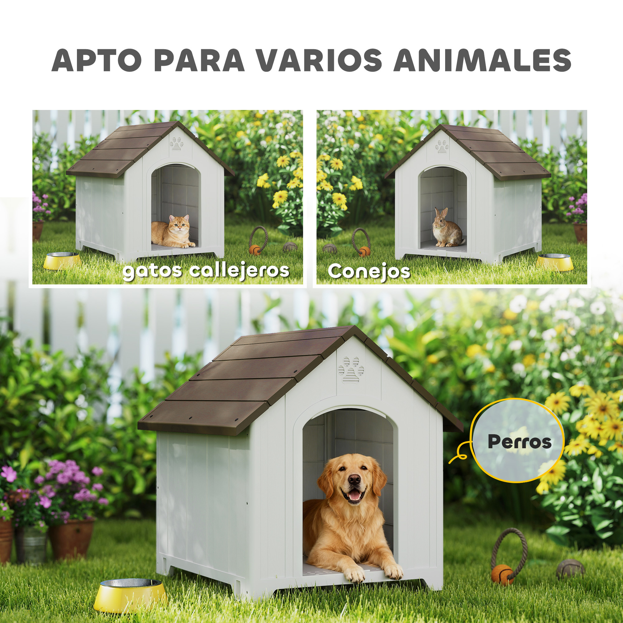 Un perro en una caseta en un jardín, con juguetes y flores cerca.