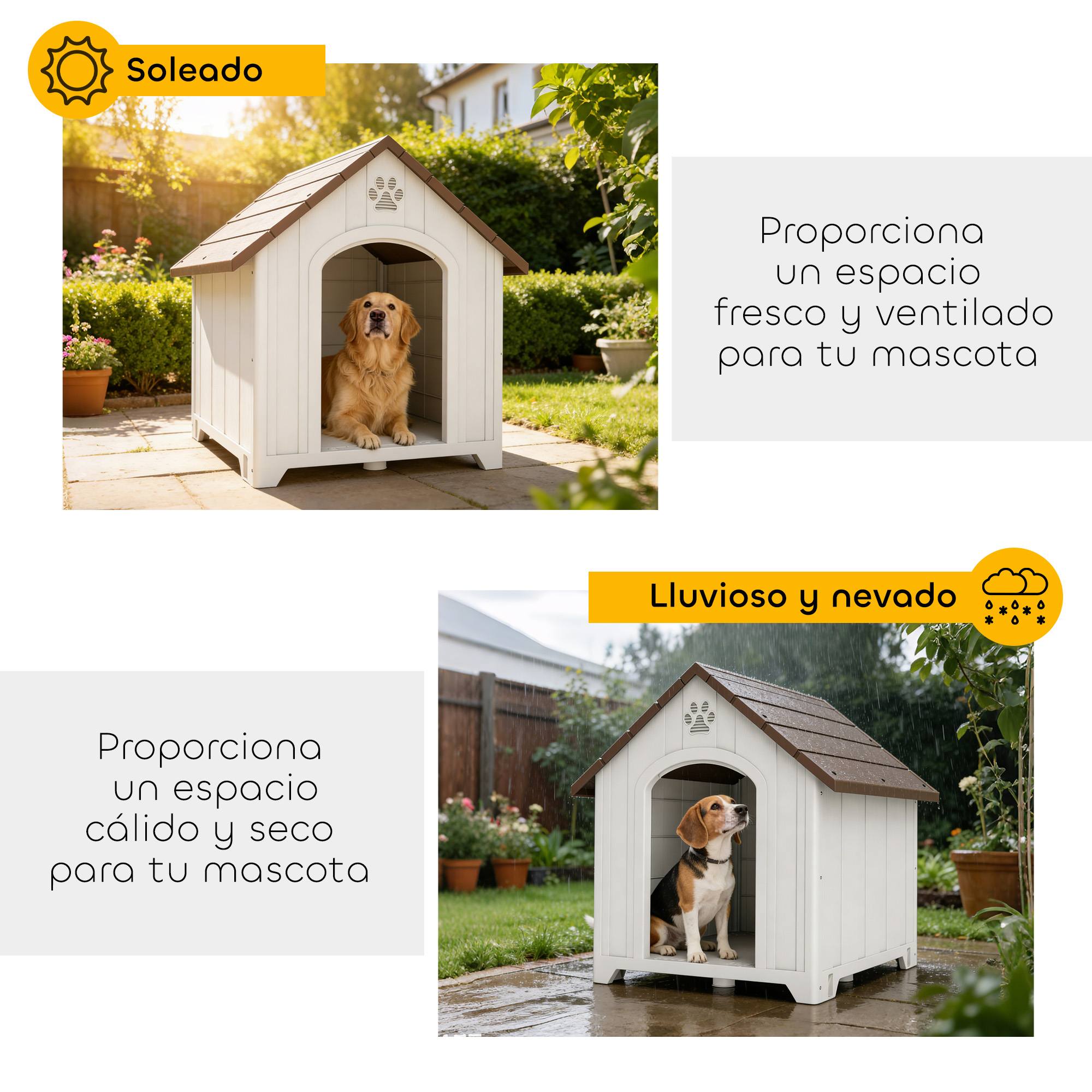 Un golden retriever se sienta en una caseta para perros blanca con sol.