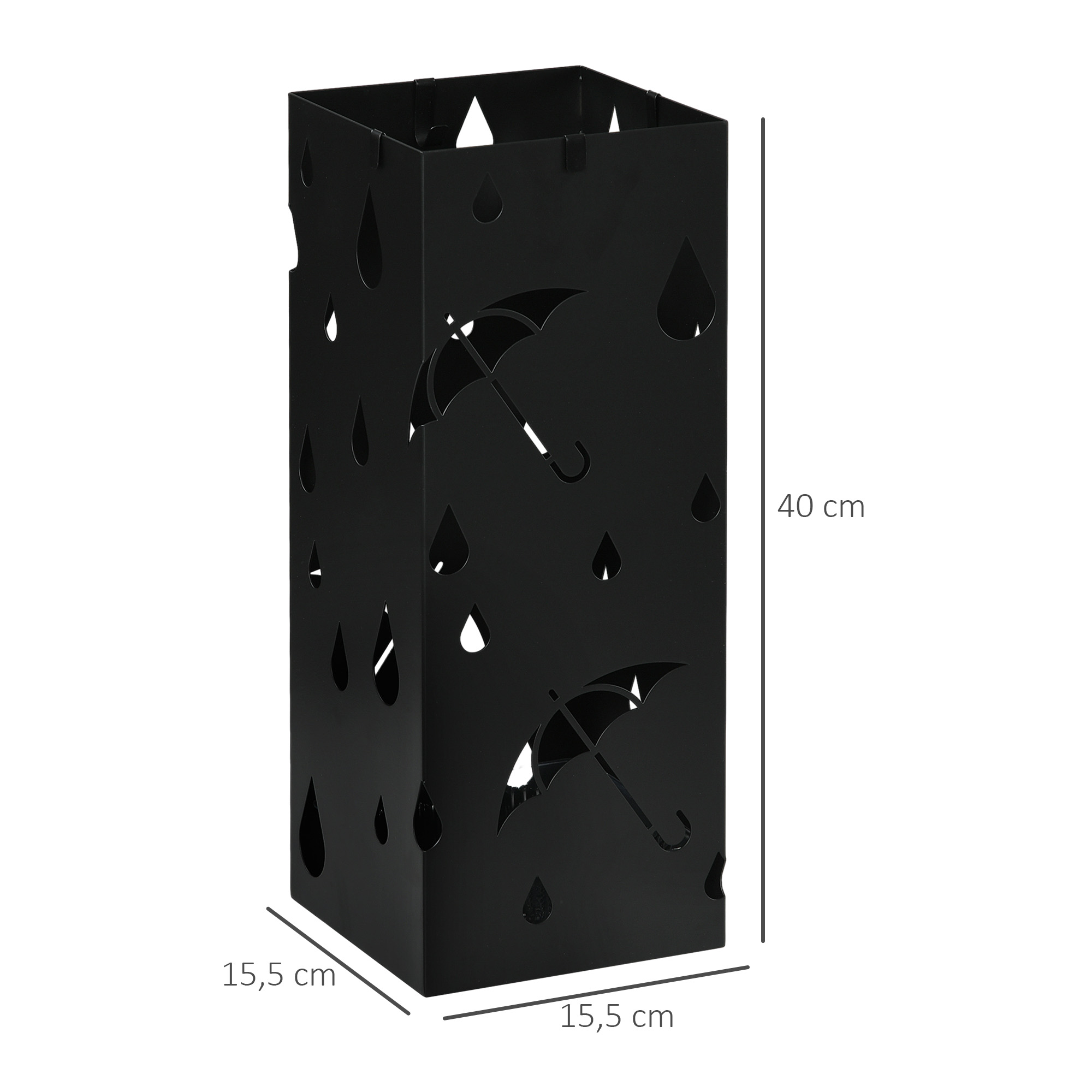 Paragüero rectangular negro con gotas y paraguas recortados. 40cm de alto.