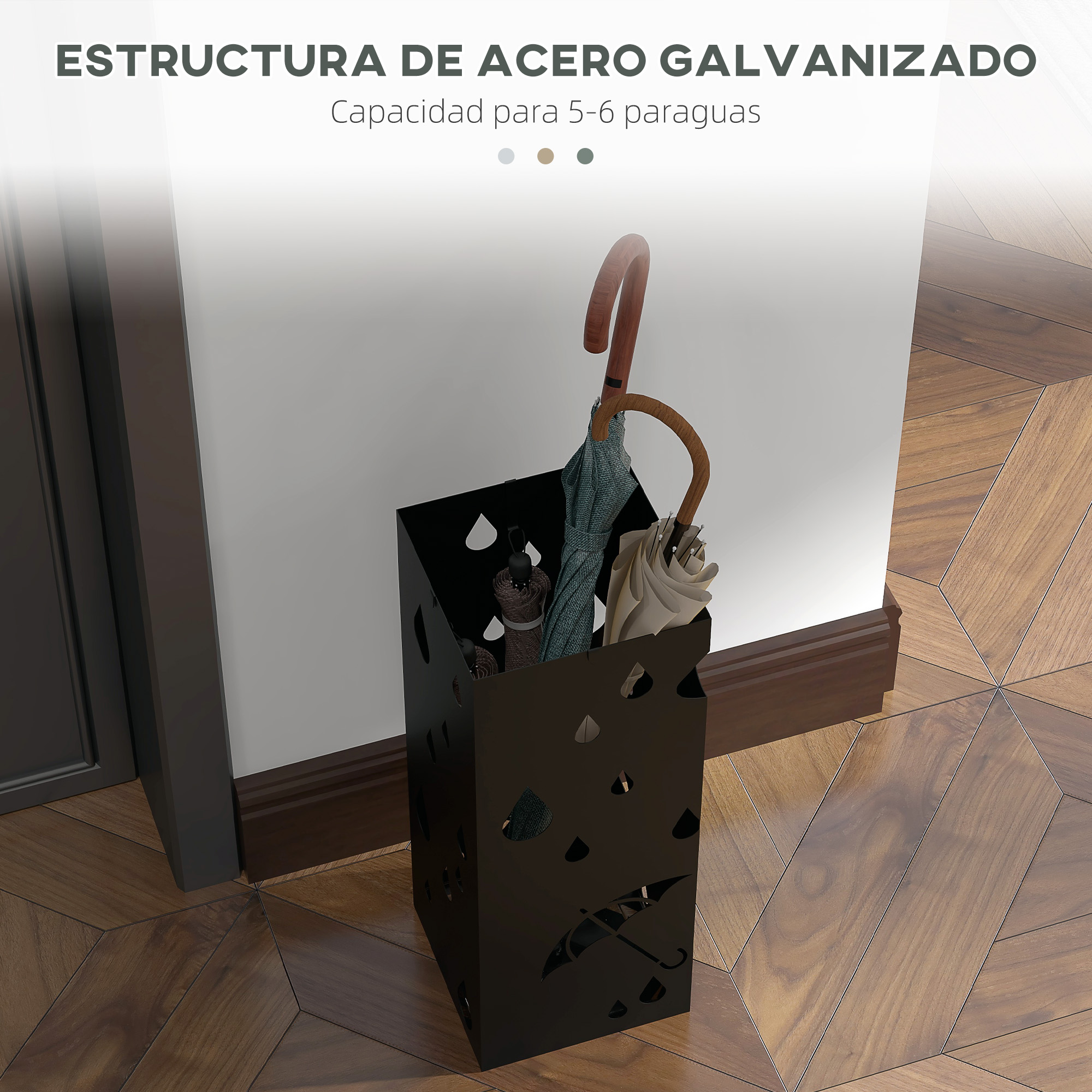 Un paraguero negro rectangular con cortes de gotas de lluvia y paraguas, con paraguas dentro.