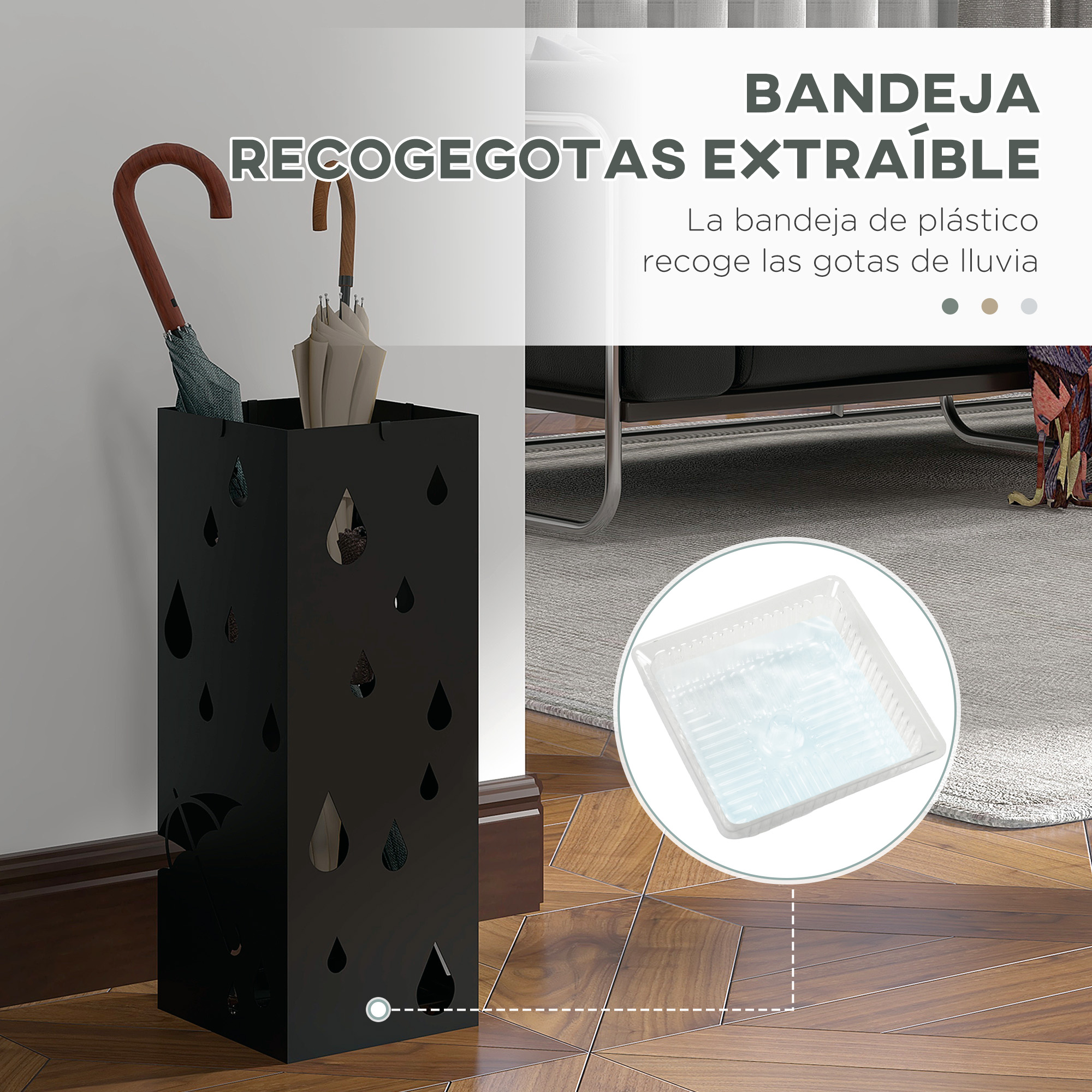 Paragüero negro con diseño de gotas, con dos paraguas. Primer plano de una bandeja de plástico.