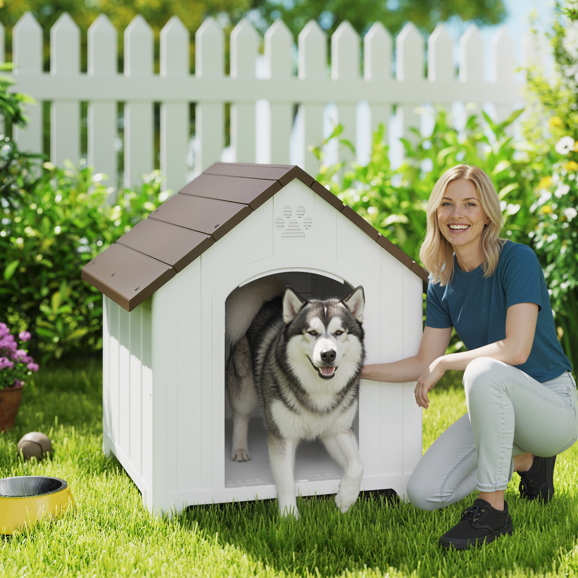 Mujer con husky junto a caseta de perro en jardín, valla blanca y césped.