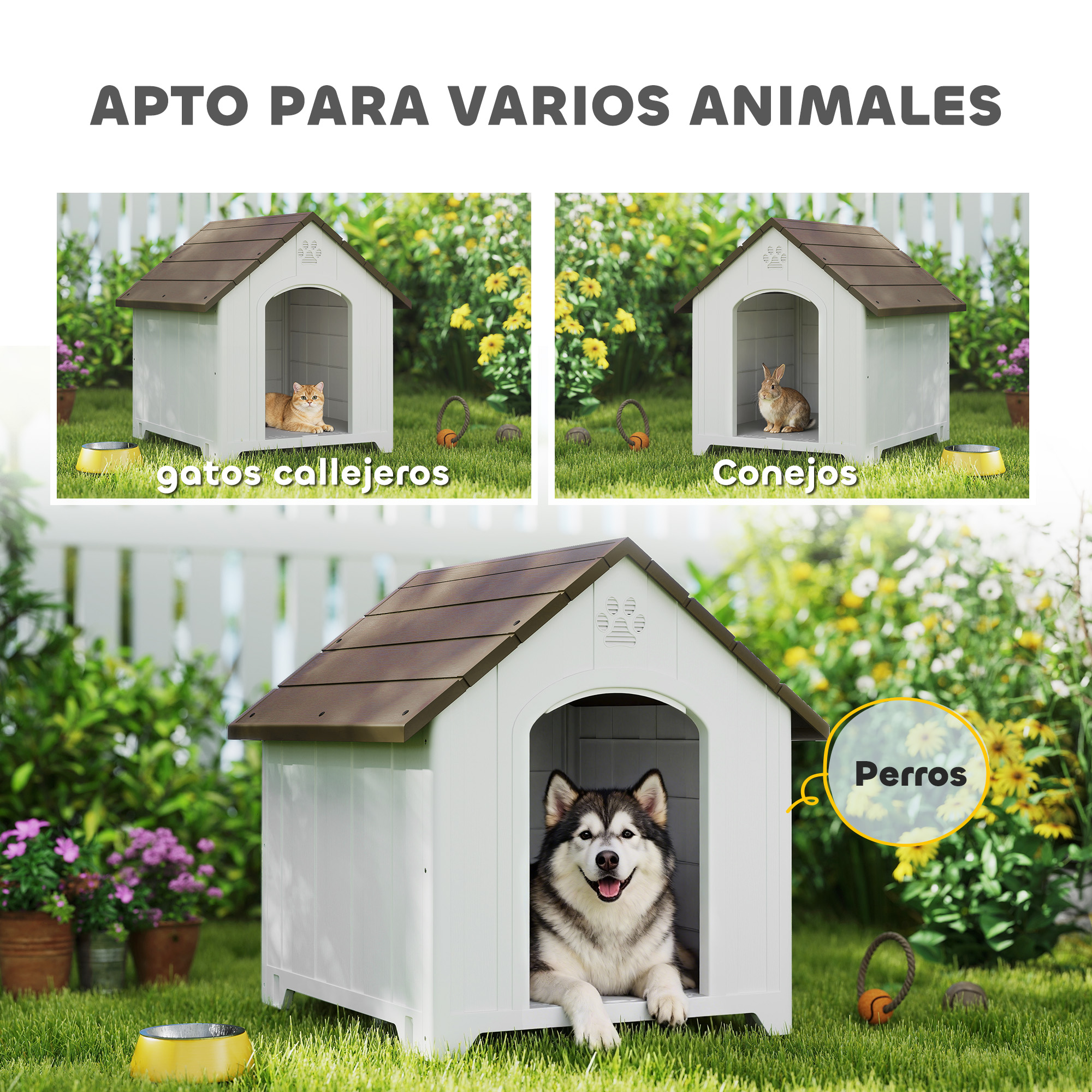 Perro, gato y conejo en casetas exteriores. Texto: Apto para varios animales.