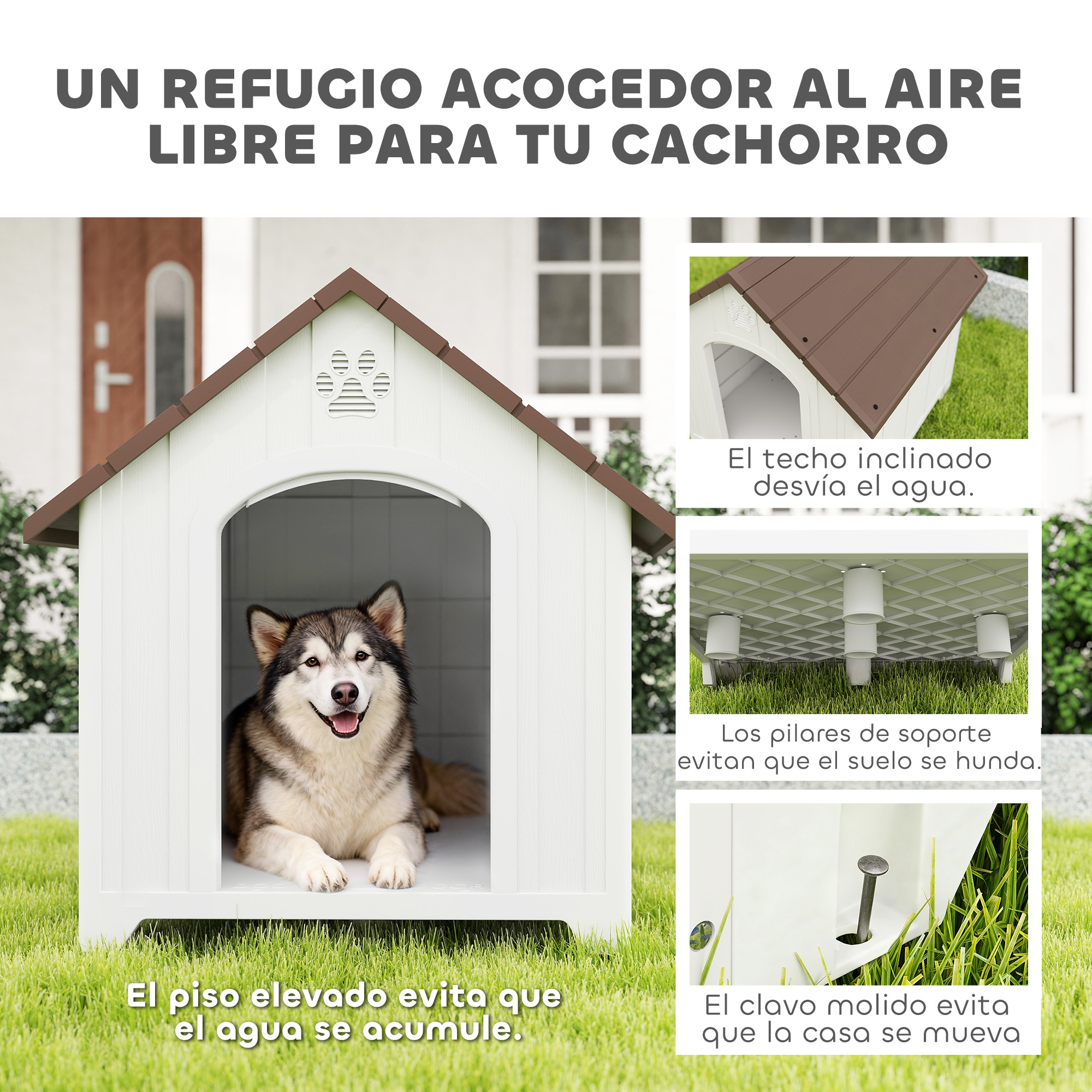 Un perro se sienta en una caseta blanca con techo marrón sobre hierba.