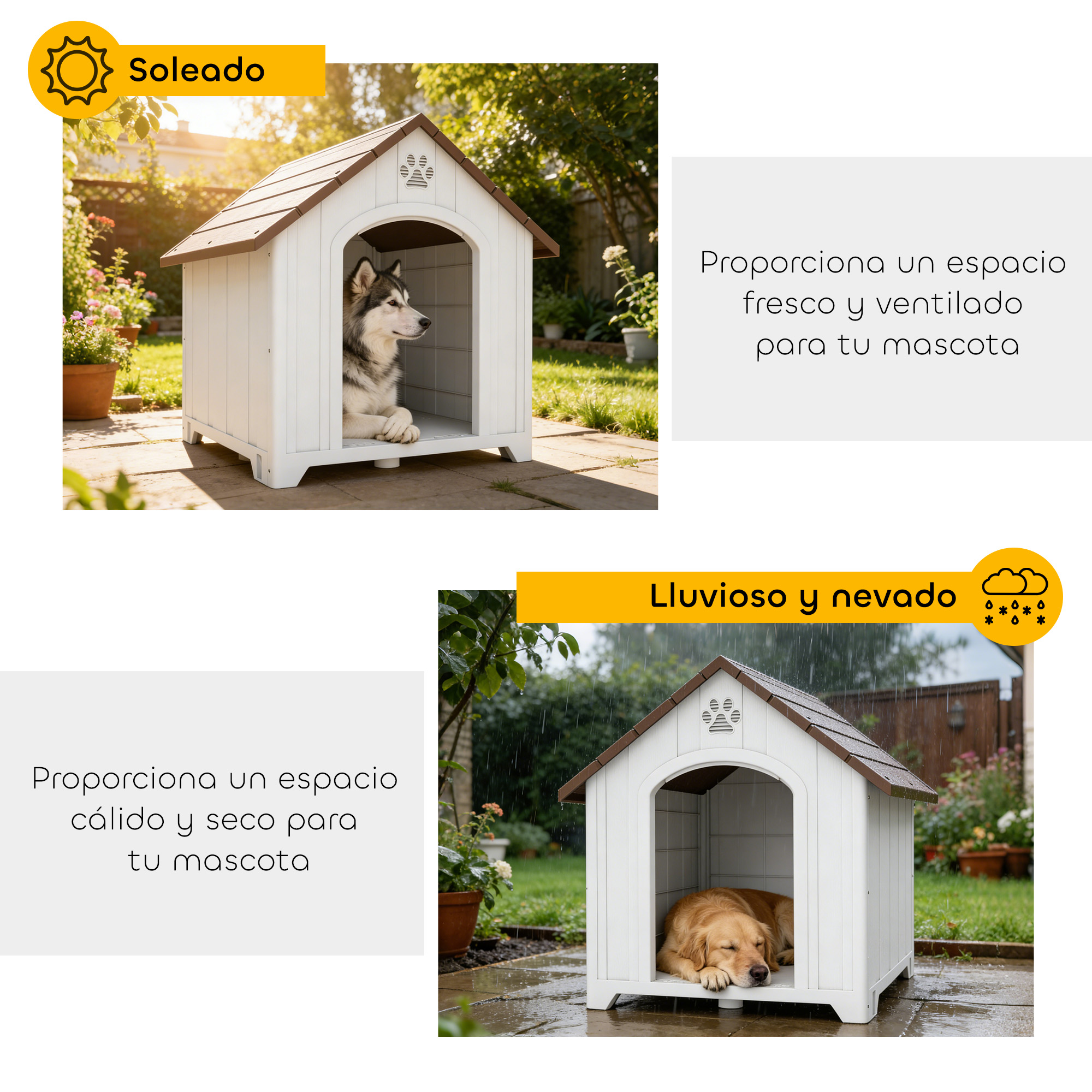 Un husky está en una caseta de perro bajo el sol. Un golden retriever está en una caseta bajo la lluvia.