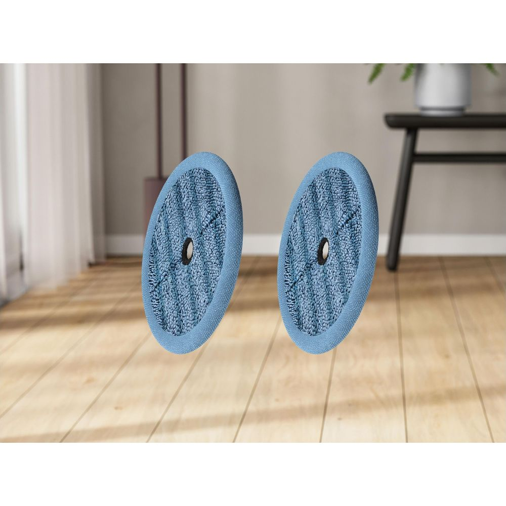 Zwei blaue, runde Mopppads mit strukturierter Oberfläche und mittigem Loch.