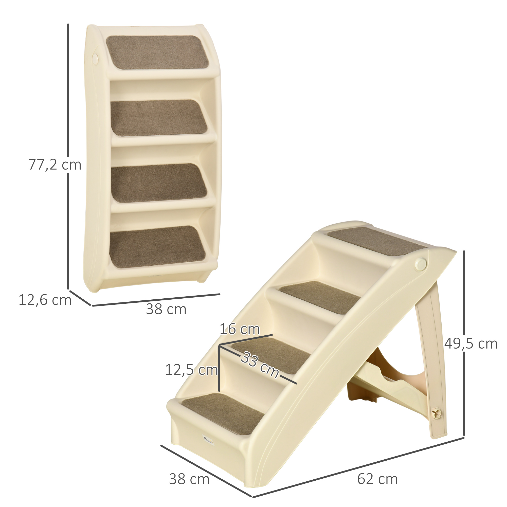 Escaleras para mascotas beige de 4 peldaños con superficies antideslizantes, con dimensiones.
