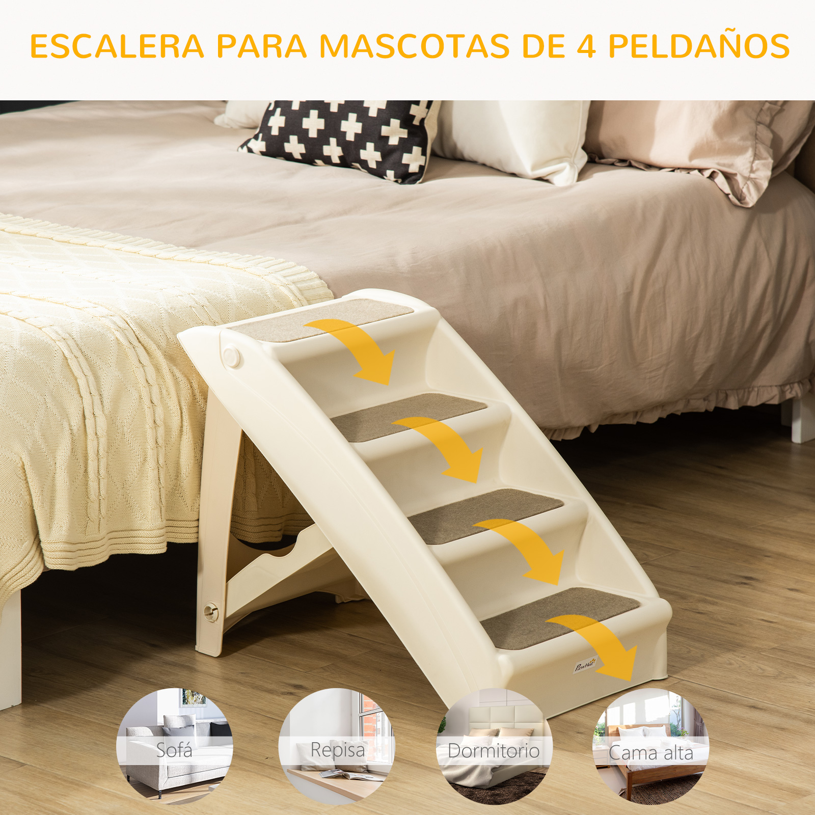 Una escalera para mascotas beige de cuatro escalones junto a una cama.