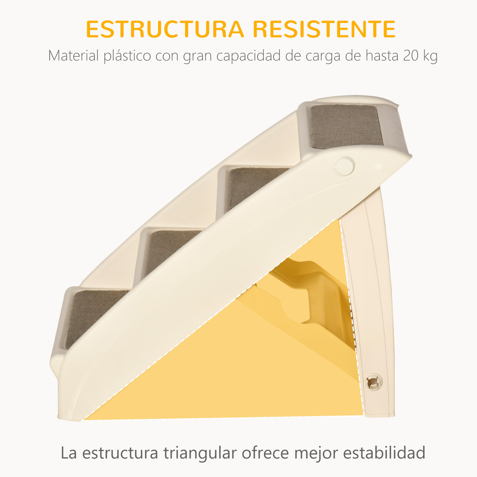 Una escalera beige para mascotas de tres peldaños con superficies antideslizantes.