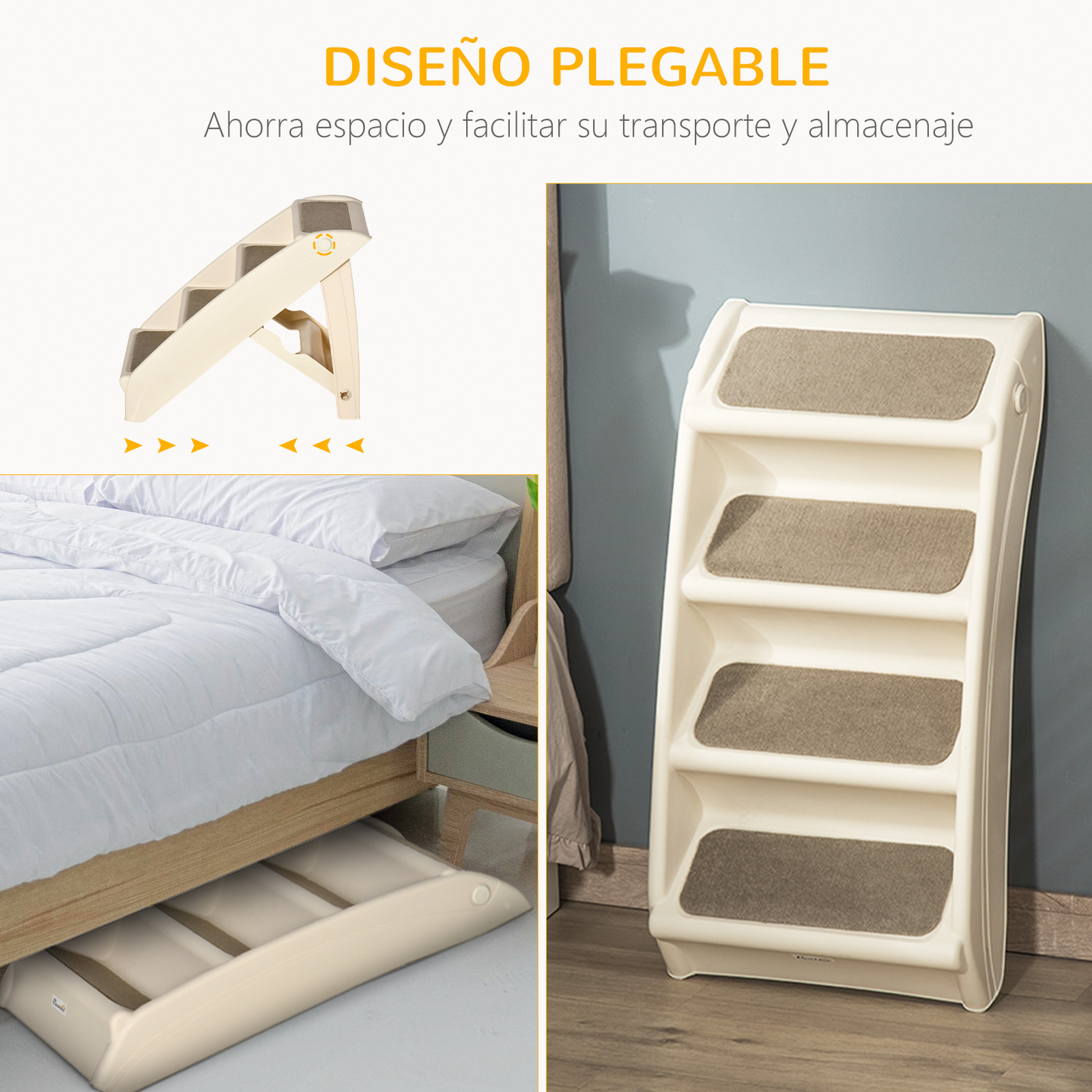 Una escalera beige de 4 escalones con agarres grises junto a una cama.