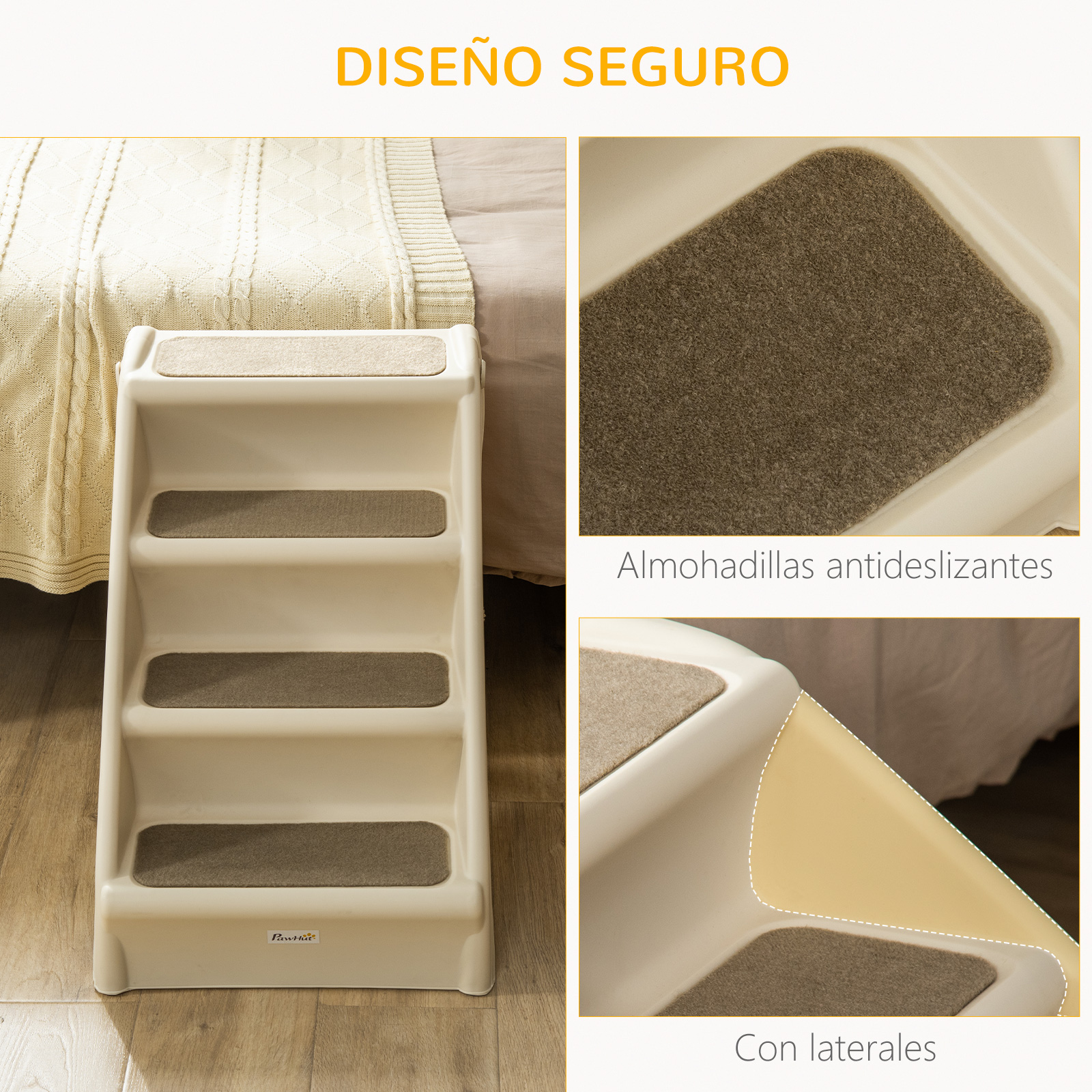 Una escalera para mascotas beige de tres peldaños con escalones de alfombra junto a una cama.