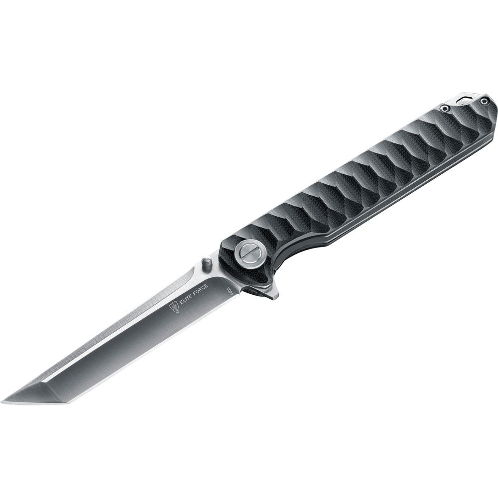 Ein Klappmesser mit schwarzem Griff und silberner Klinge, auf weißem Hintergrund.