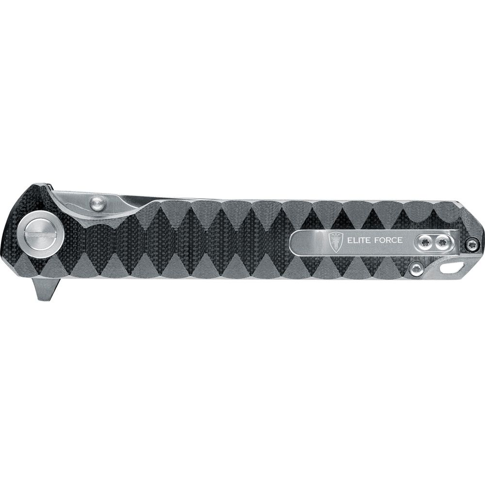 Ein geschlossenes Klappmesser mit silbernem Griff und schwarzem Muster.