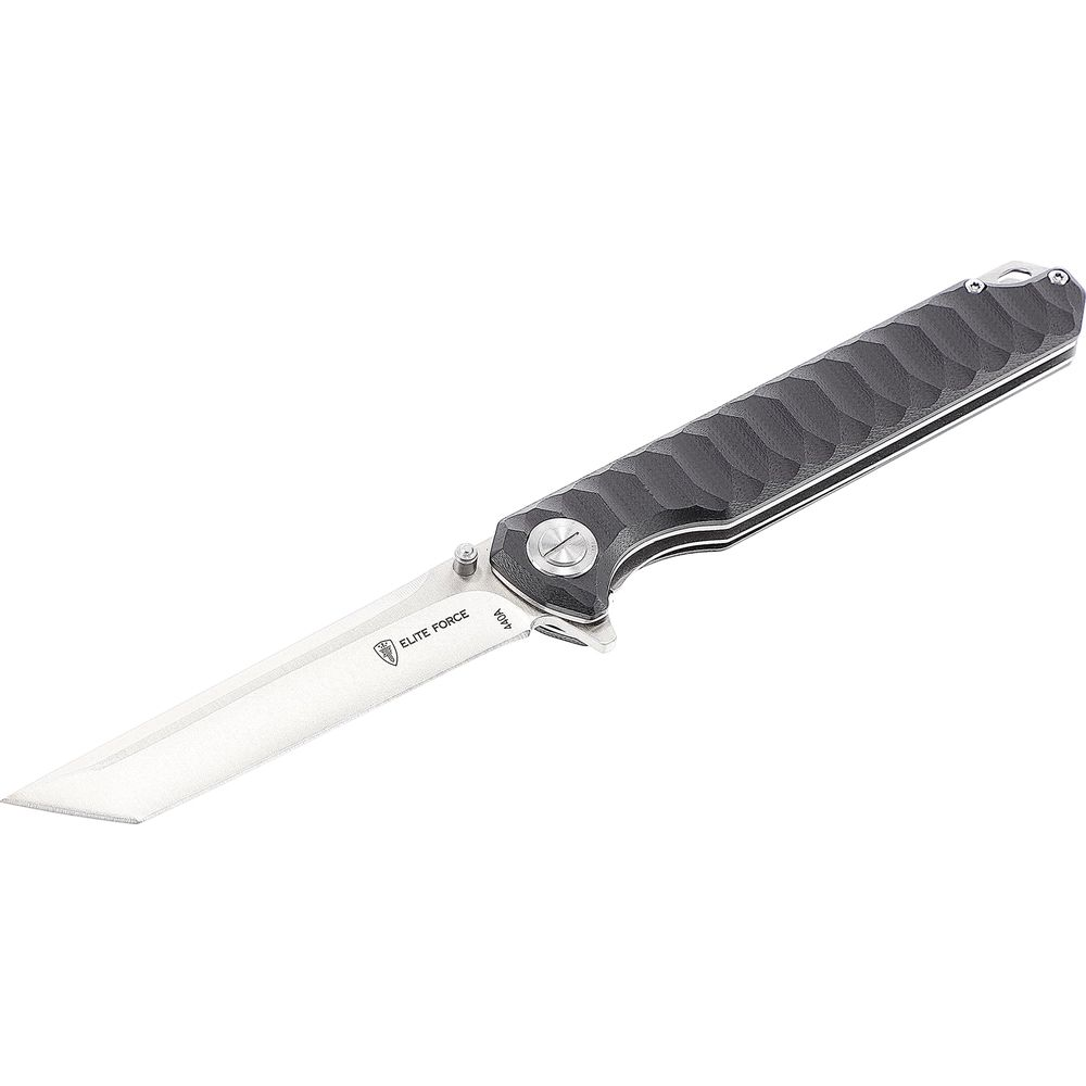 Ein geschlossenes Klappmesser mit schwarzem Griff und silberner Klinge.
