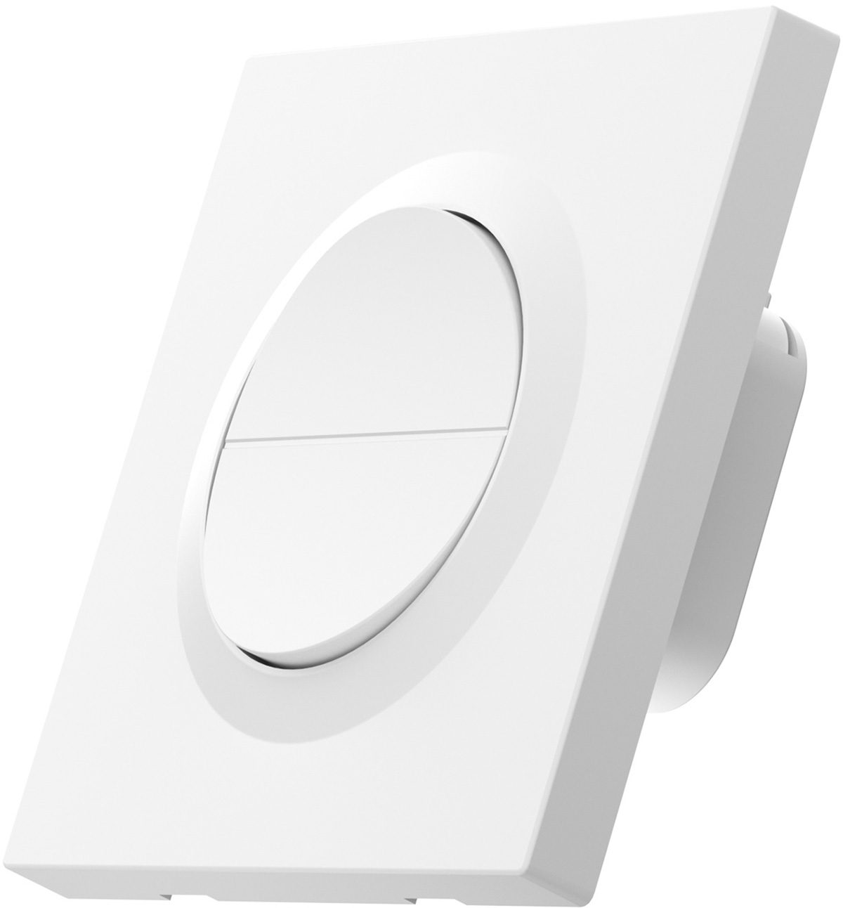 Biały włącznik światła z okrągłym przyciskiem i poziomą linią.