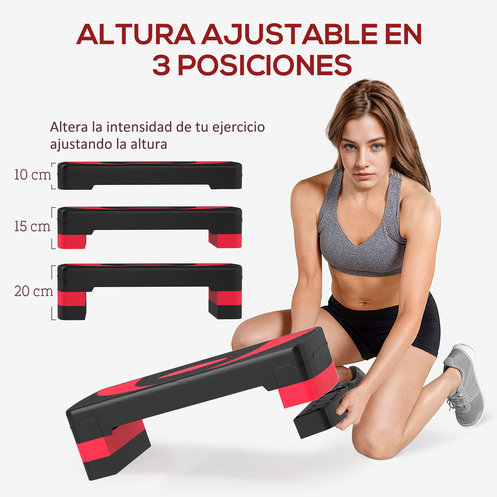Se muestra un step de aeróbic negro y rojo de altura ajustable con una mujer.