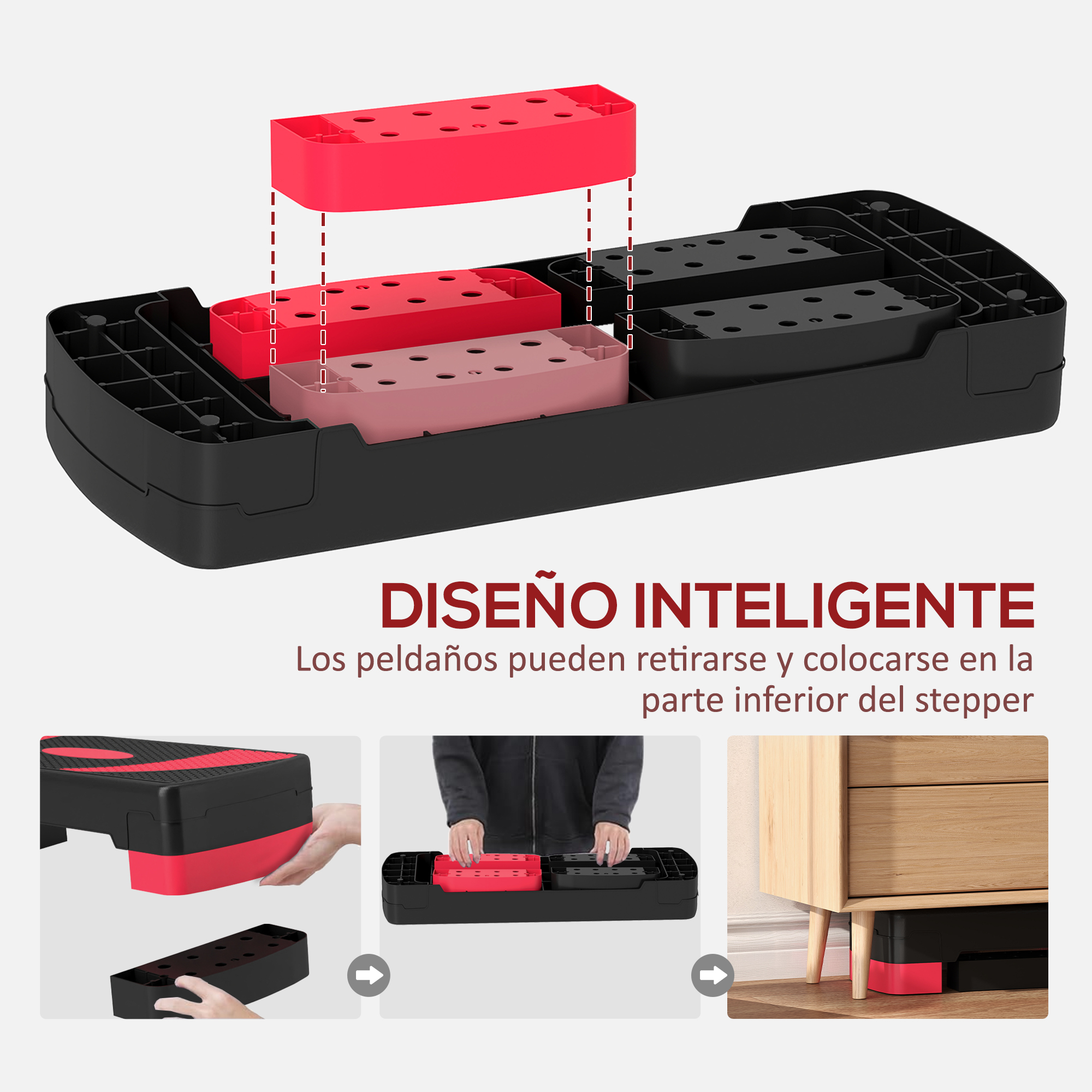 Un stepper negro con inserciones rojas y rosas siendo ensamblado.