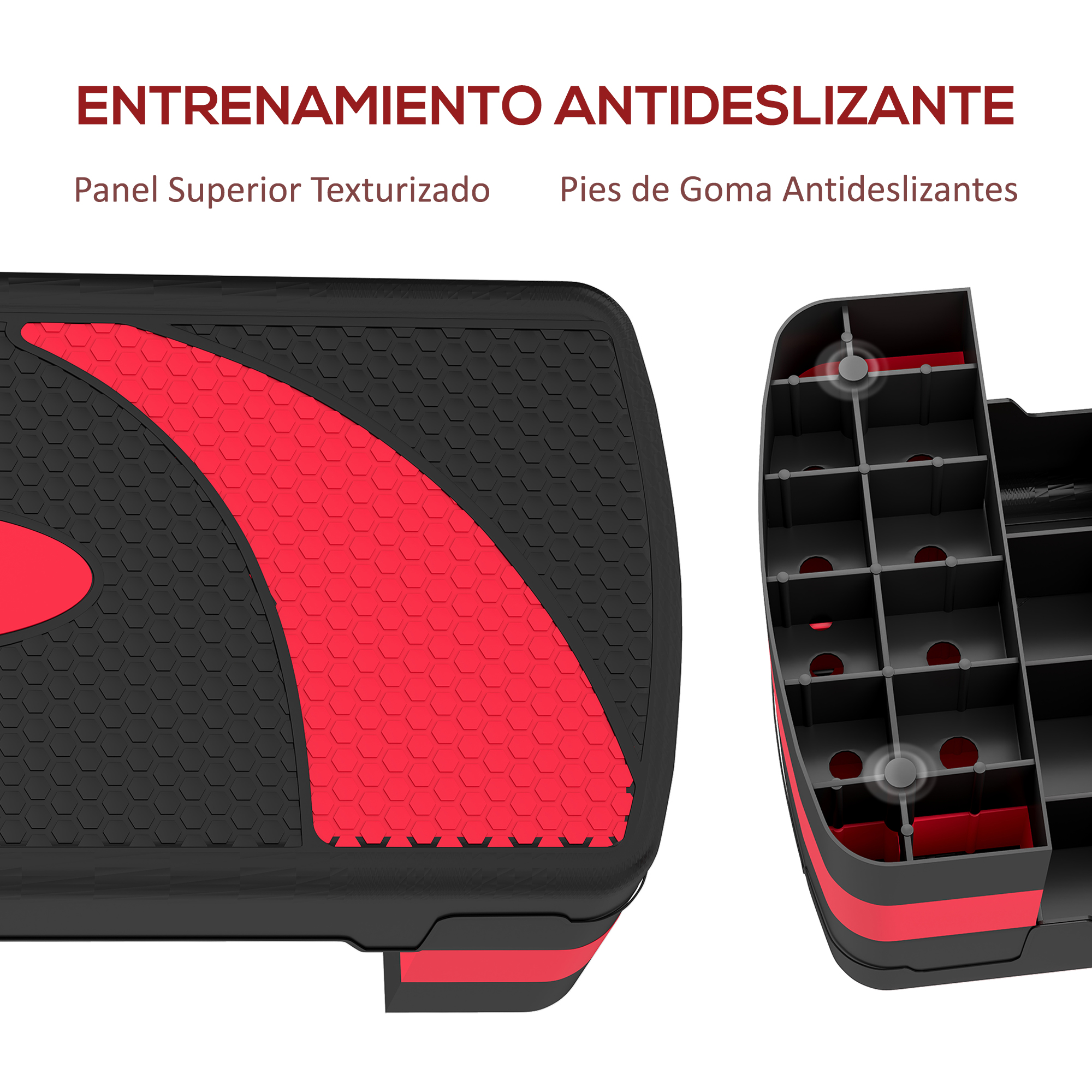Stepper negro con patrón rojo y pies de goma. Interior visible.