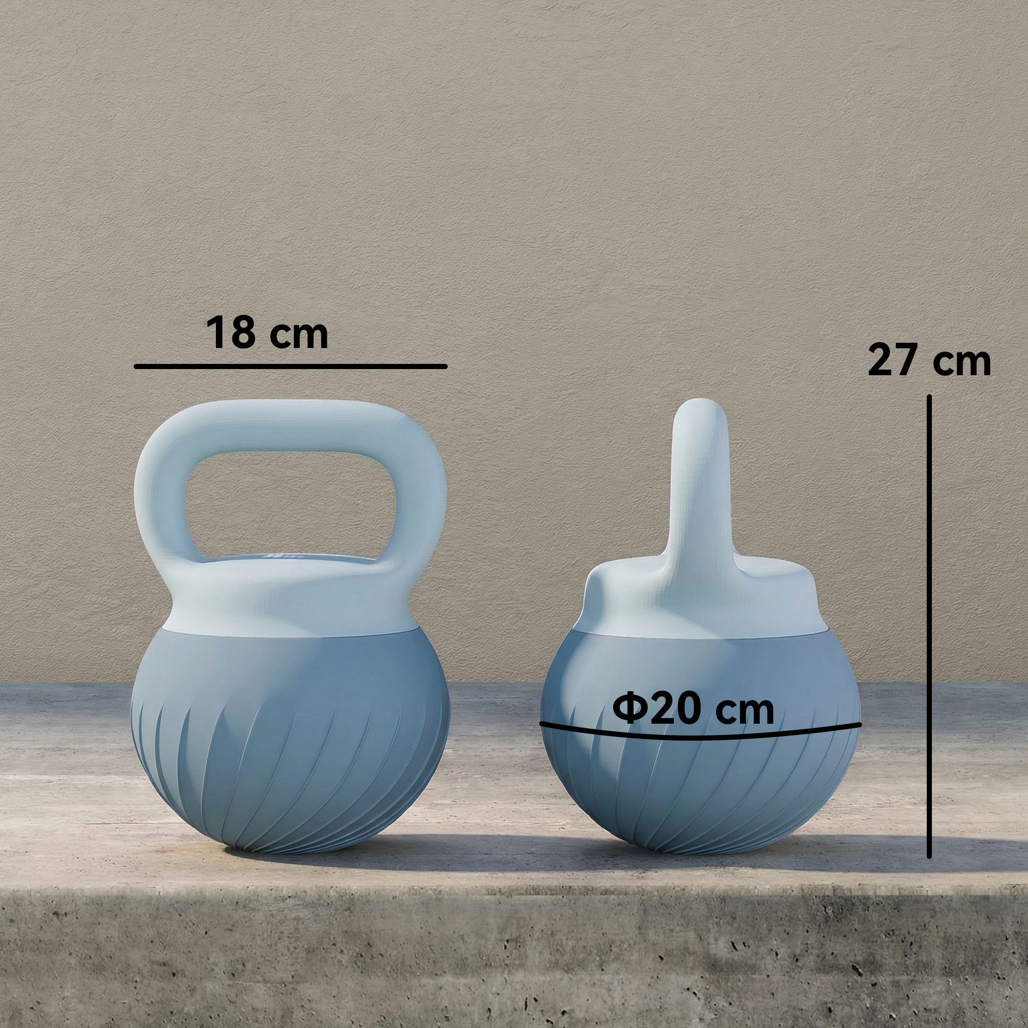 Dos pesas rusas azules, una con asa, de 18 cm y 20 cm de diámetro.