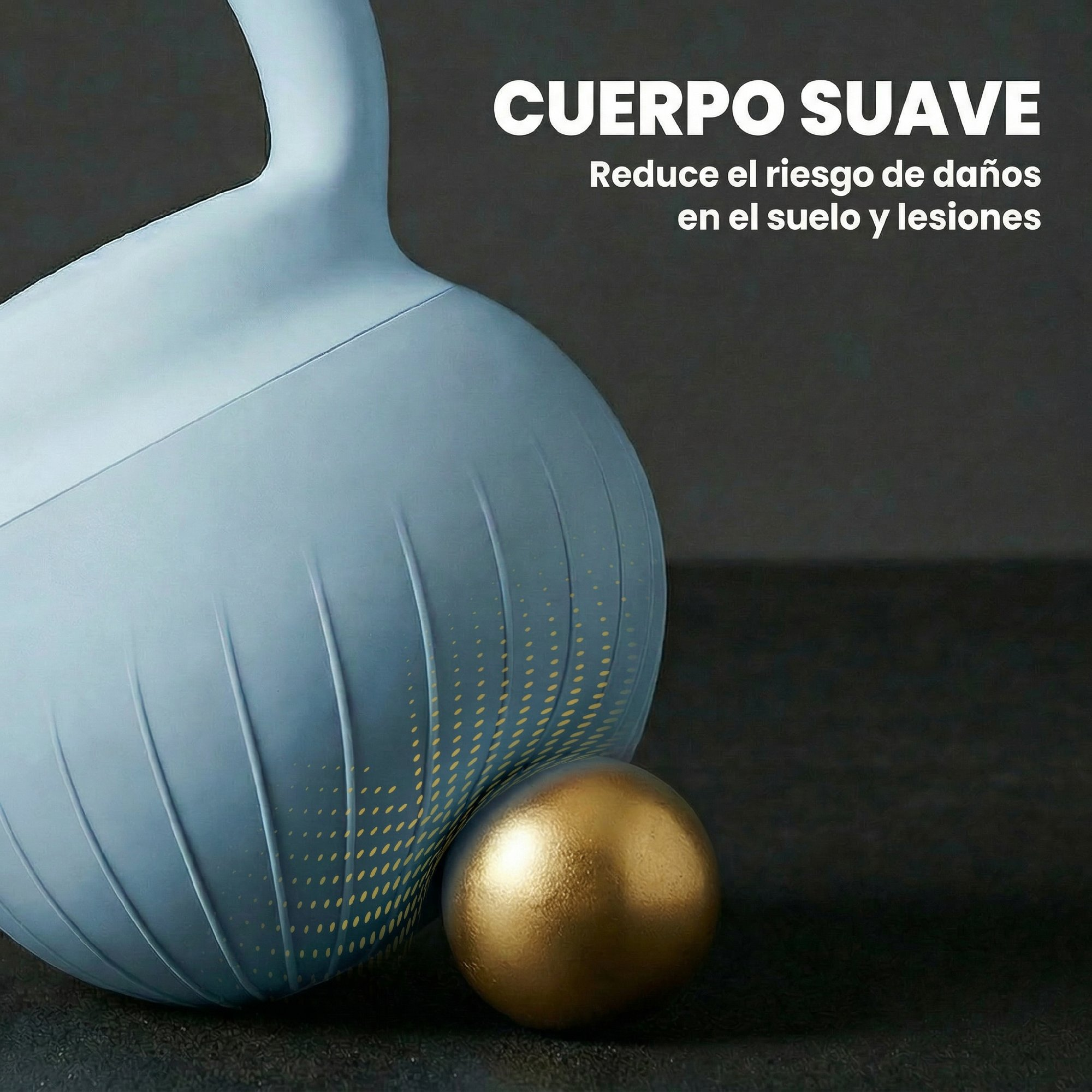 La cabeza de un palo de golf azul verdoso descansa sobre una pequeña bola dorada.