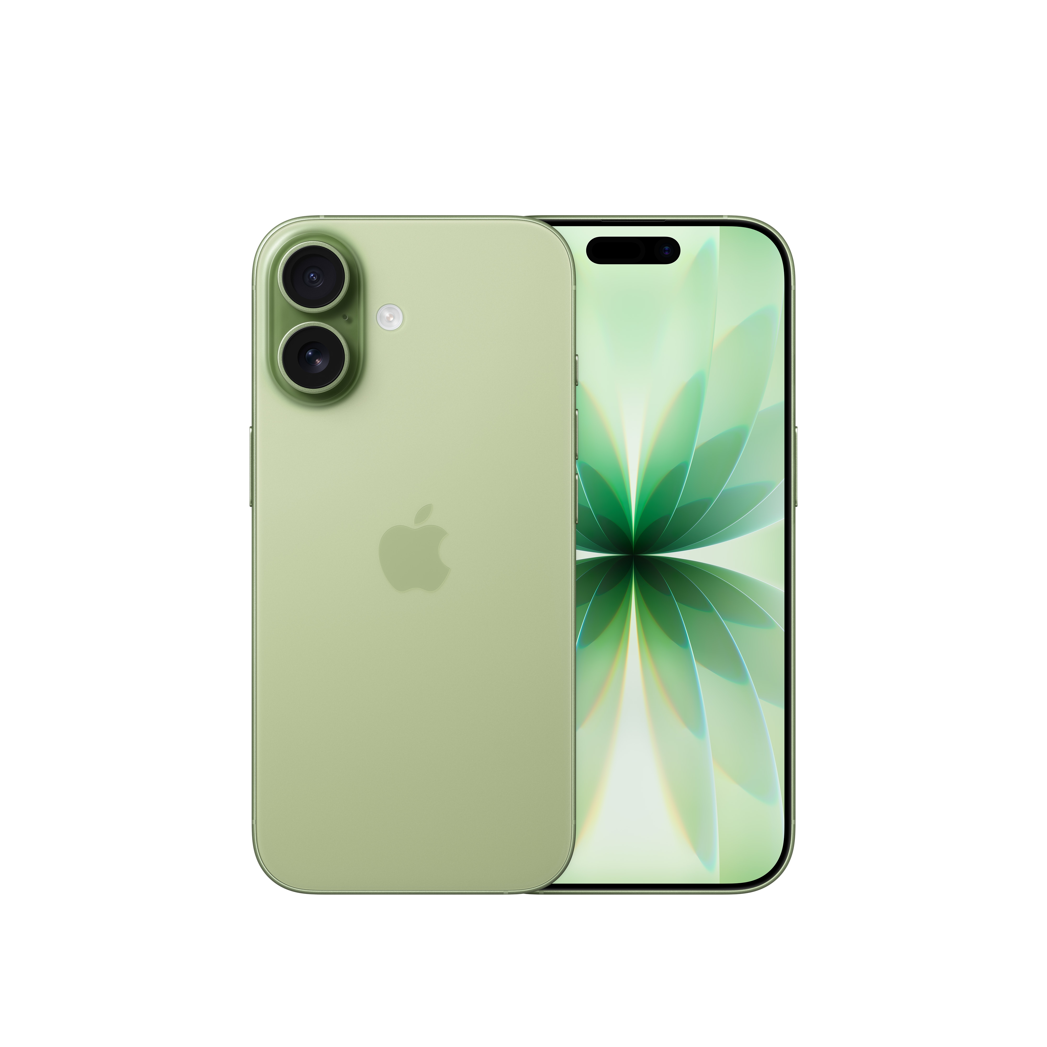 Uno smartphone verde chiaro con due fotocamere posteriori e schermo illuminato con arte astratta.