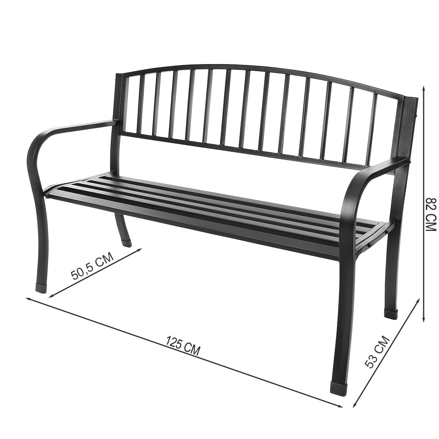Czarna ławka metalowa z wymiarami: 125 cm Dł, 50,5 cm Szer, 82 cm Wys, 53 cm głębokość siedziska.