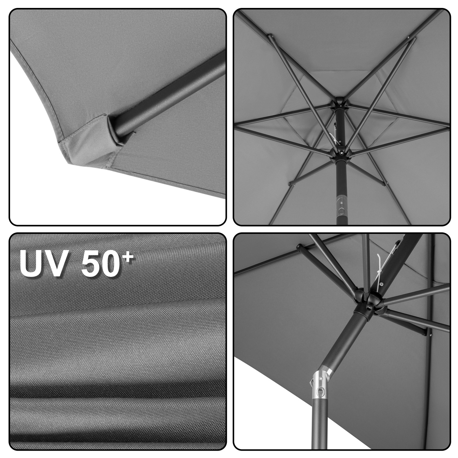 Szary parasol materiałowy z metalową ramą i ochroną UV 50+.