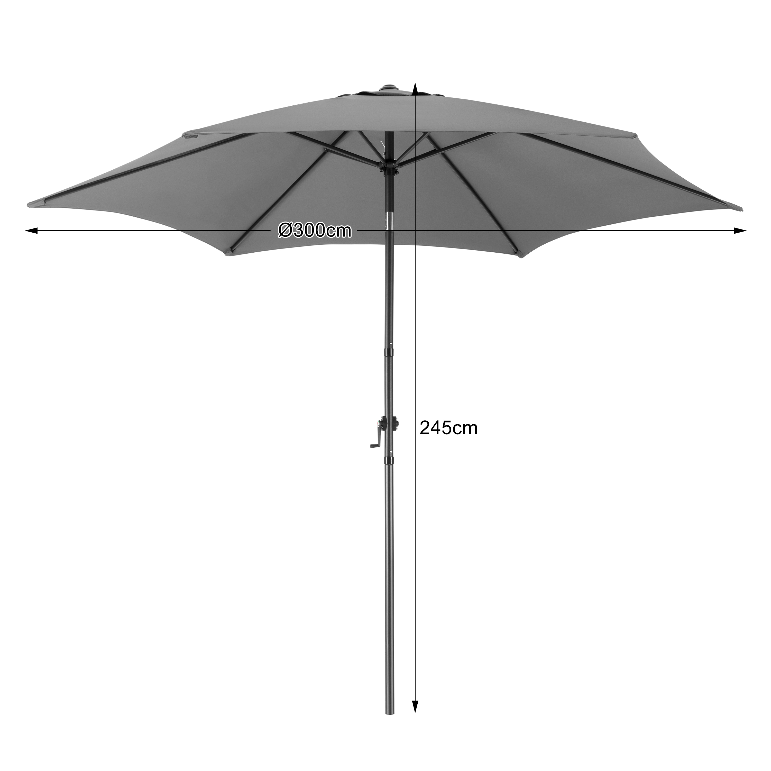 Szary parasol o średnicy 300 cm i wysokości 245 cm.