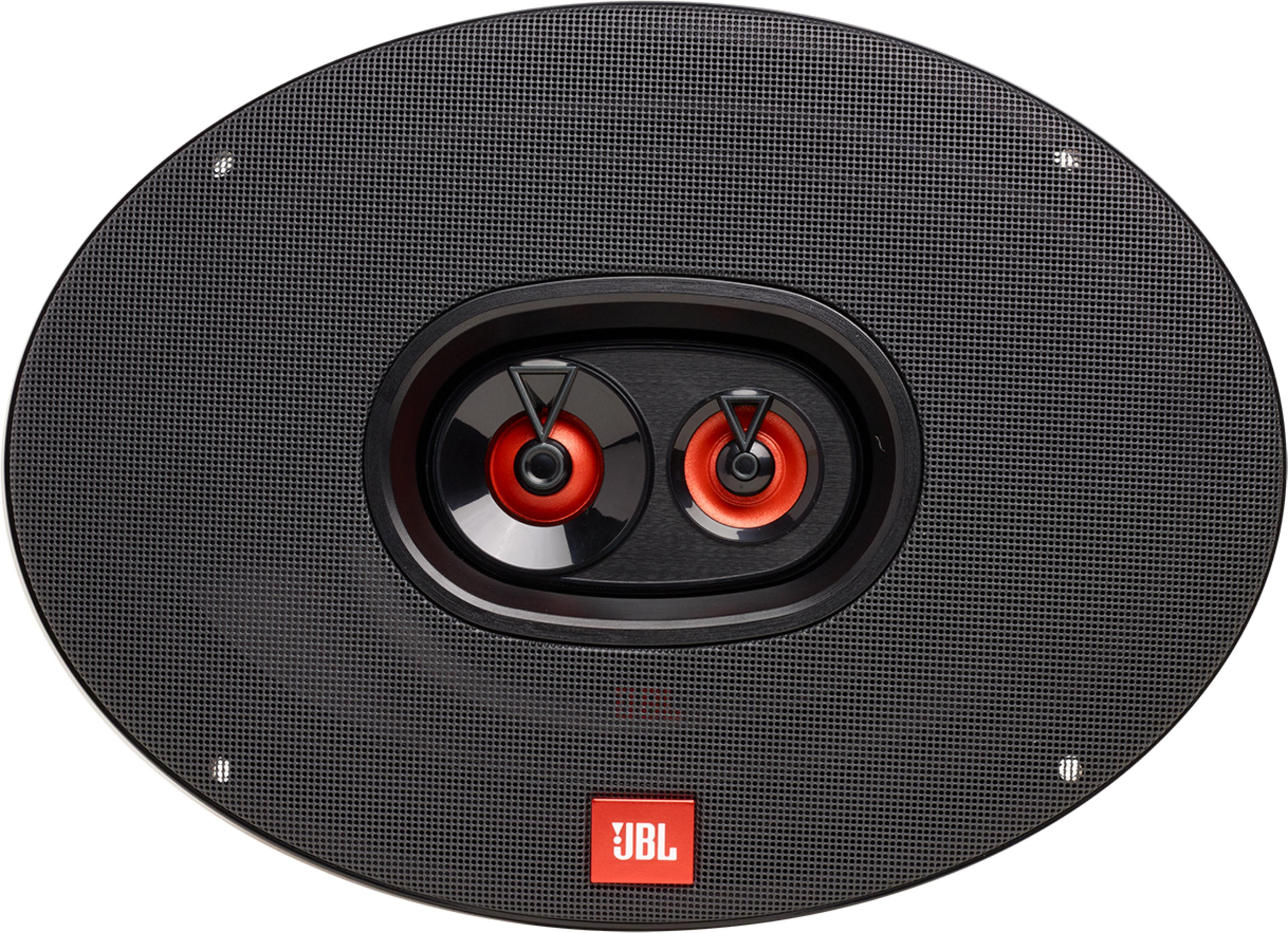 Enceinte ronde noire avec deux tweeters rouges et logo JBL.