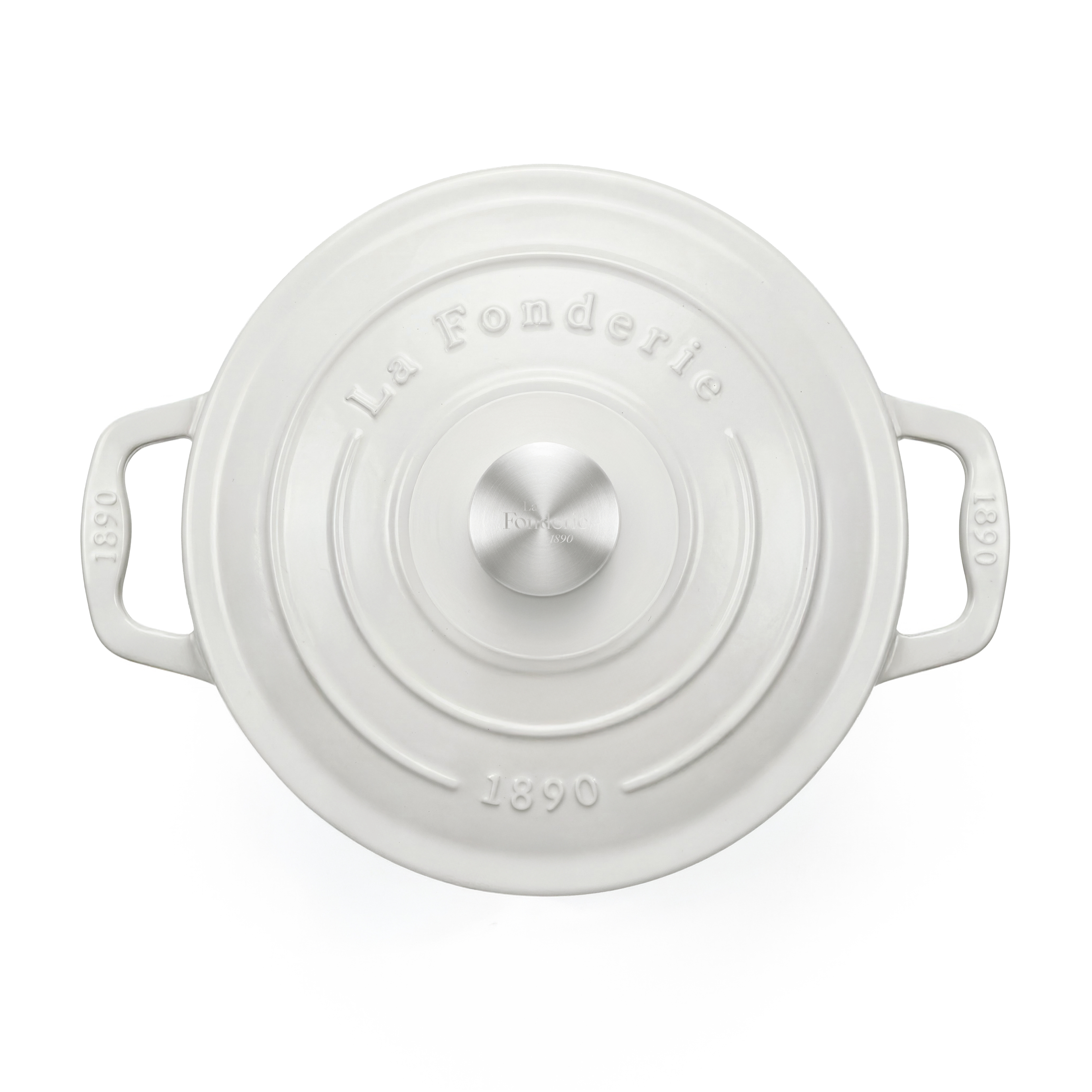Tapa de olla blanca con asas y grabado 'La Fonderie 1890'.